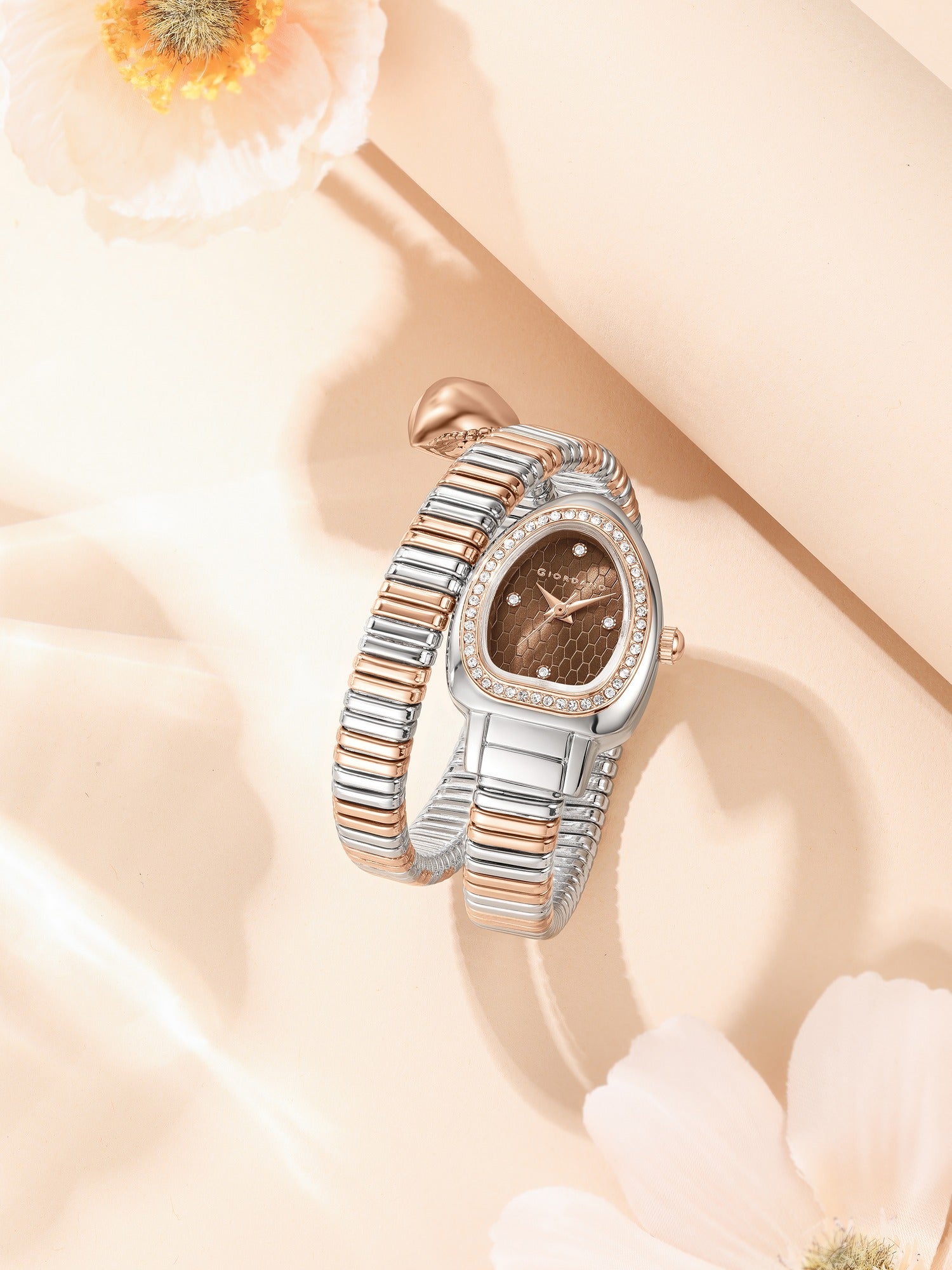 Giordano Serpentine Collection Analog Quartz Watch for Women with Brown Honeycomb-Textured Dial, Crystal Bezel & Markers, Snake-Style Wrap-Around Two-Tone Stainless Steel Strap - GZ-60188-44