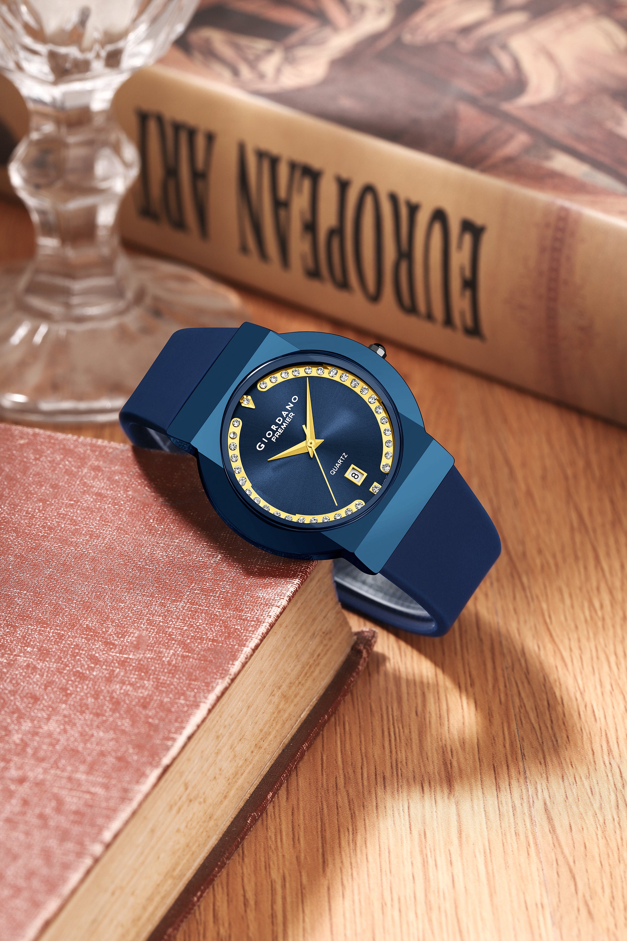 Giordano Premier Analog Quartz Watch for Women with Round Blue Dial, Crystal Studded Bezel, Date Display, Blue Case & Silicone Strap - GZ-50228-03