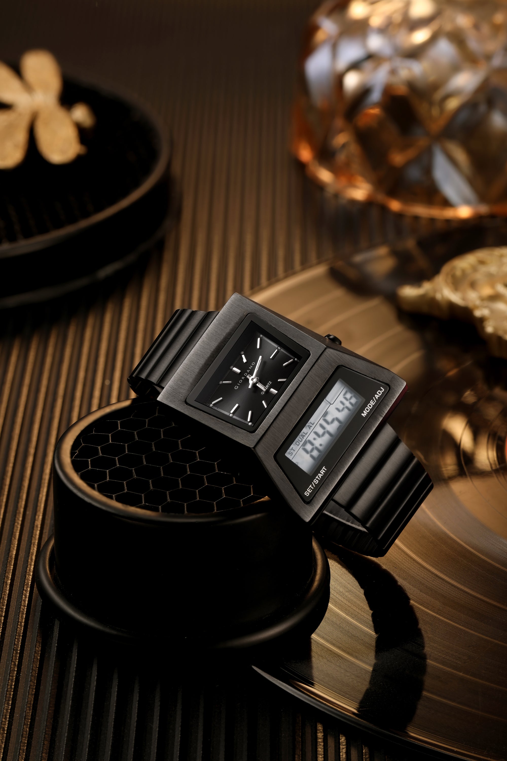 Giordano Analog Digital Watch for Men with Triangle Shape Black Dial, Dual Time Display, Black Stainless Steel Strap - GZ-50205-11