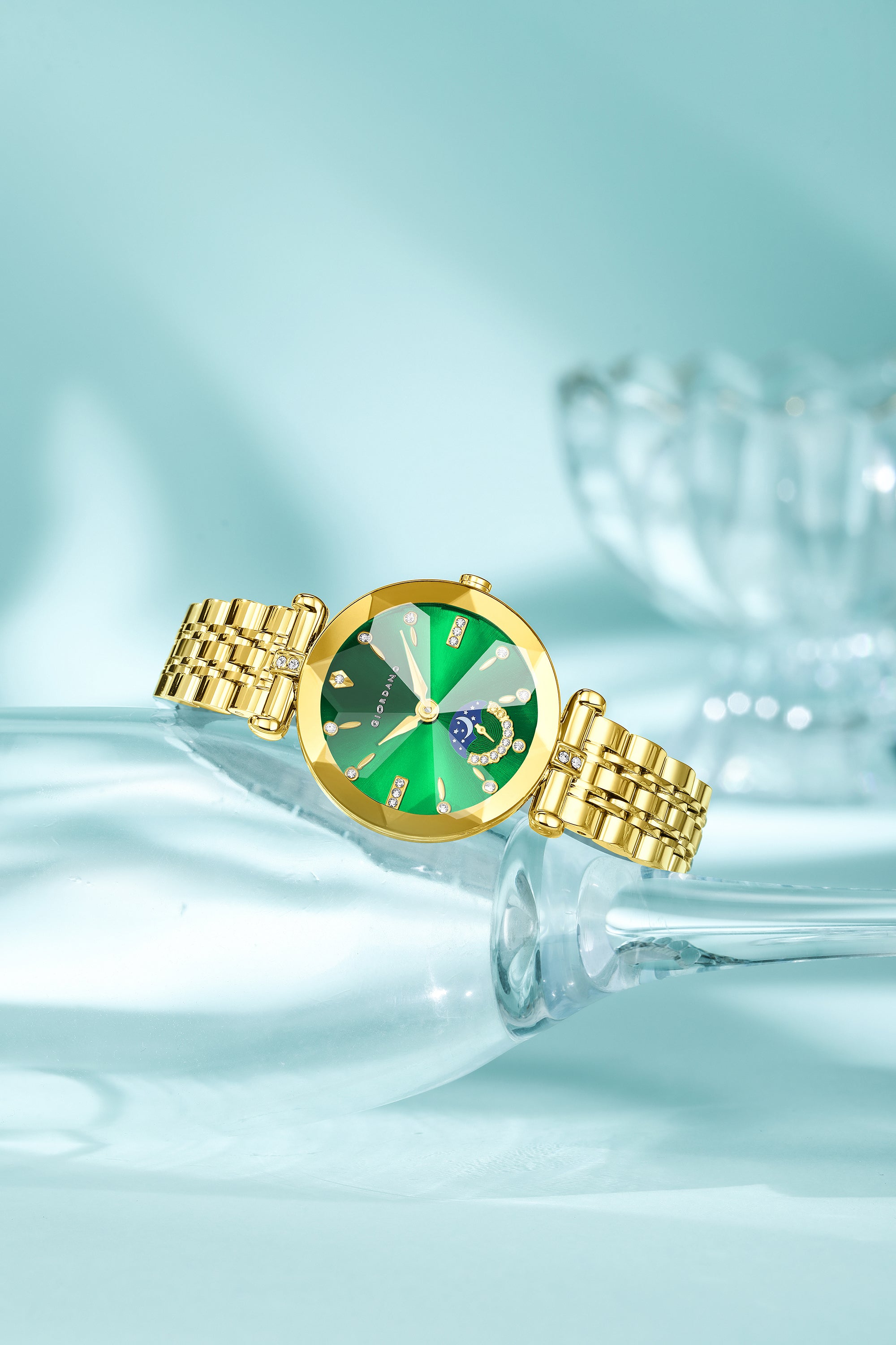 Giordano Analog Quartz Watch for Women with Green Round Sunray Dial, Moonphase Display, Diamond Studded Hour Markers and Gold Stainless Steel Bracelet - GZ-60094-44