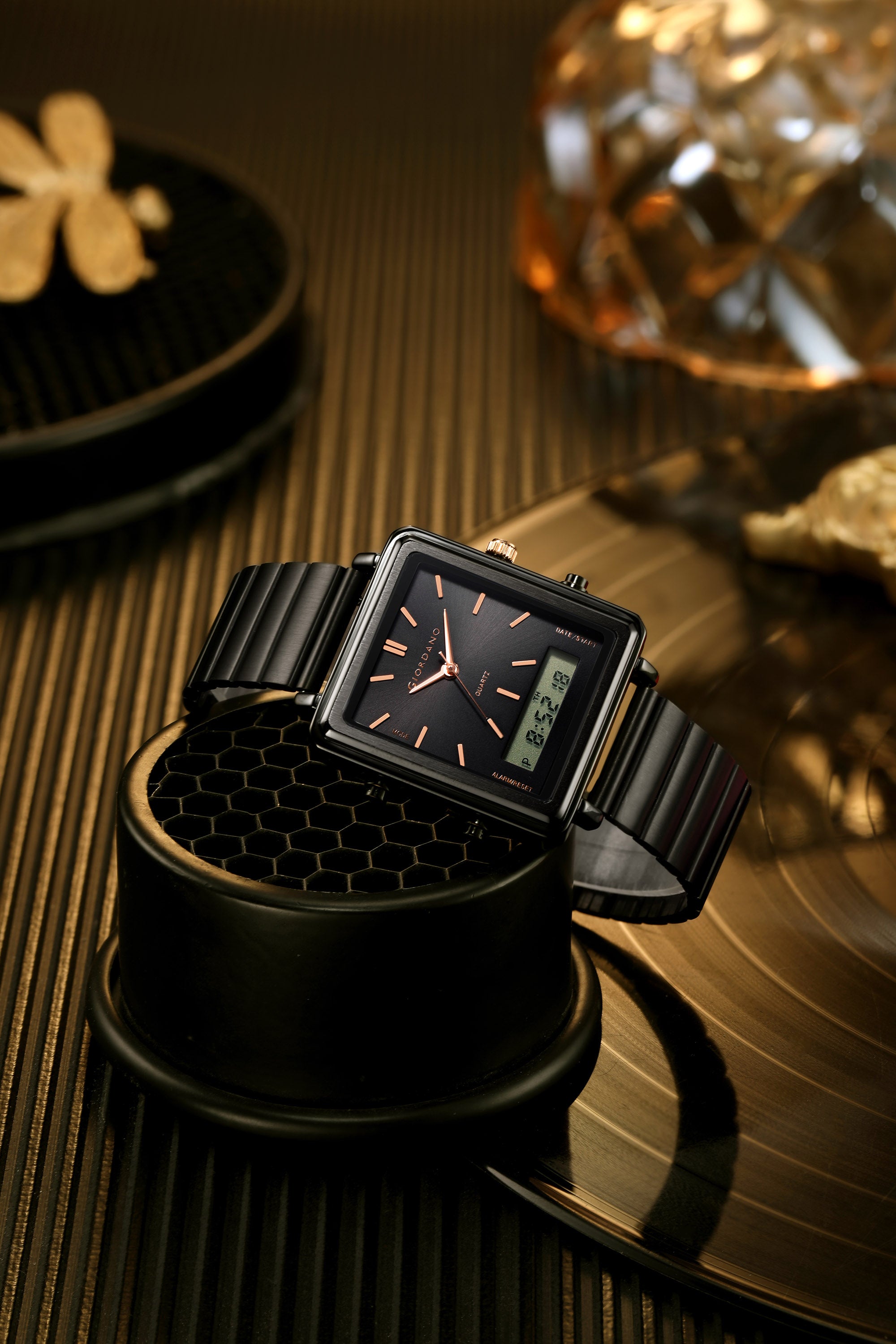 Giordano Analog Digital Watch for Men with Square Black Dial, Dual Time Display, Black Stainless Steel Strap - GZ-50210-11