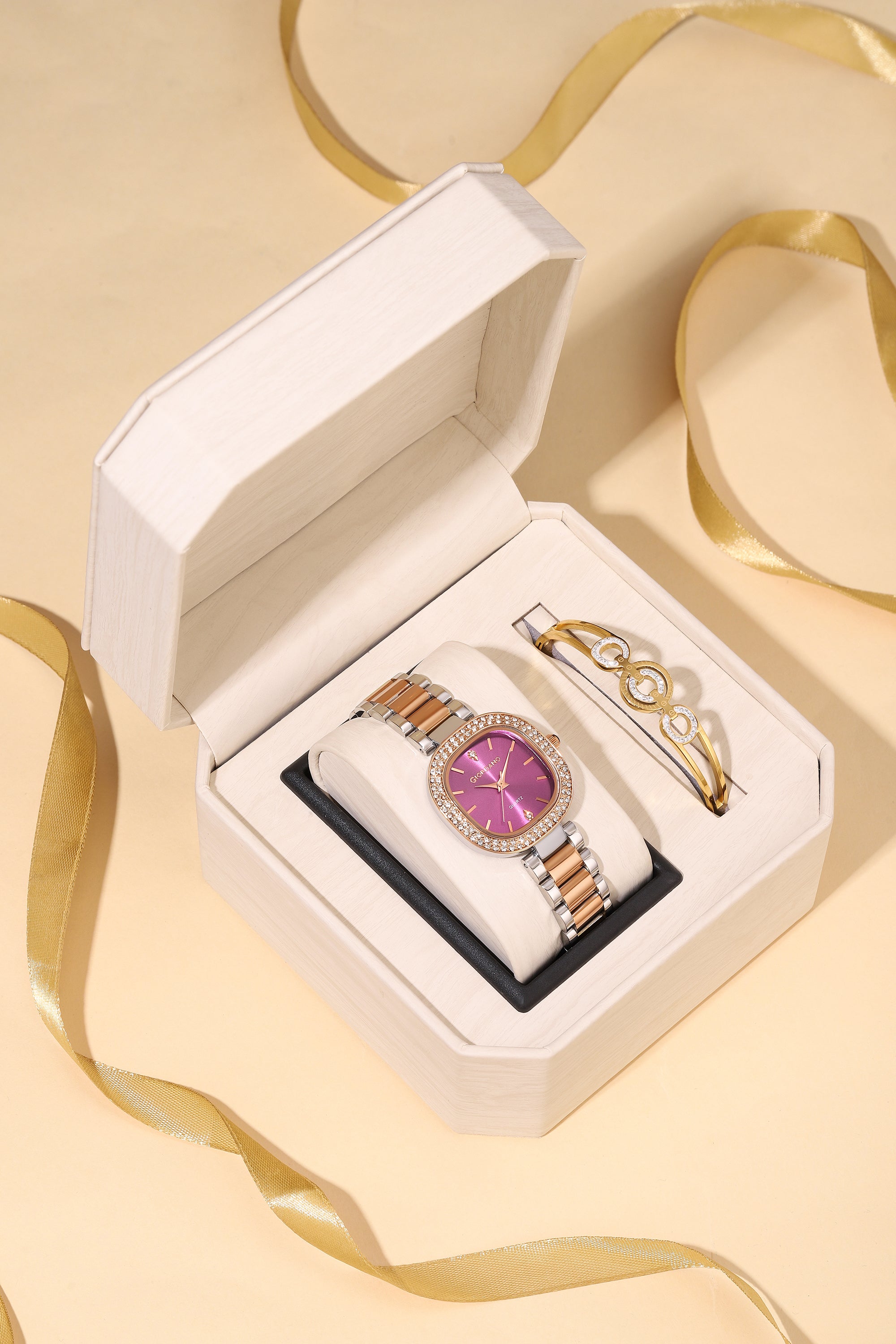 Giordano Analog Quartz Watch for Women with Bangle Square Purple Dial, Blue Crown, Crystal Studded Hour Markers and Bezel, Silver and Rose Gold Stainless Steel Strap - GZ-60166-22
