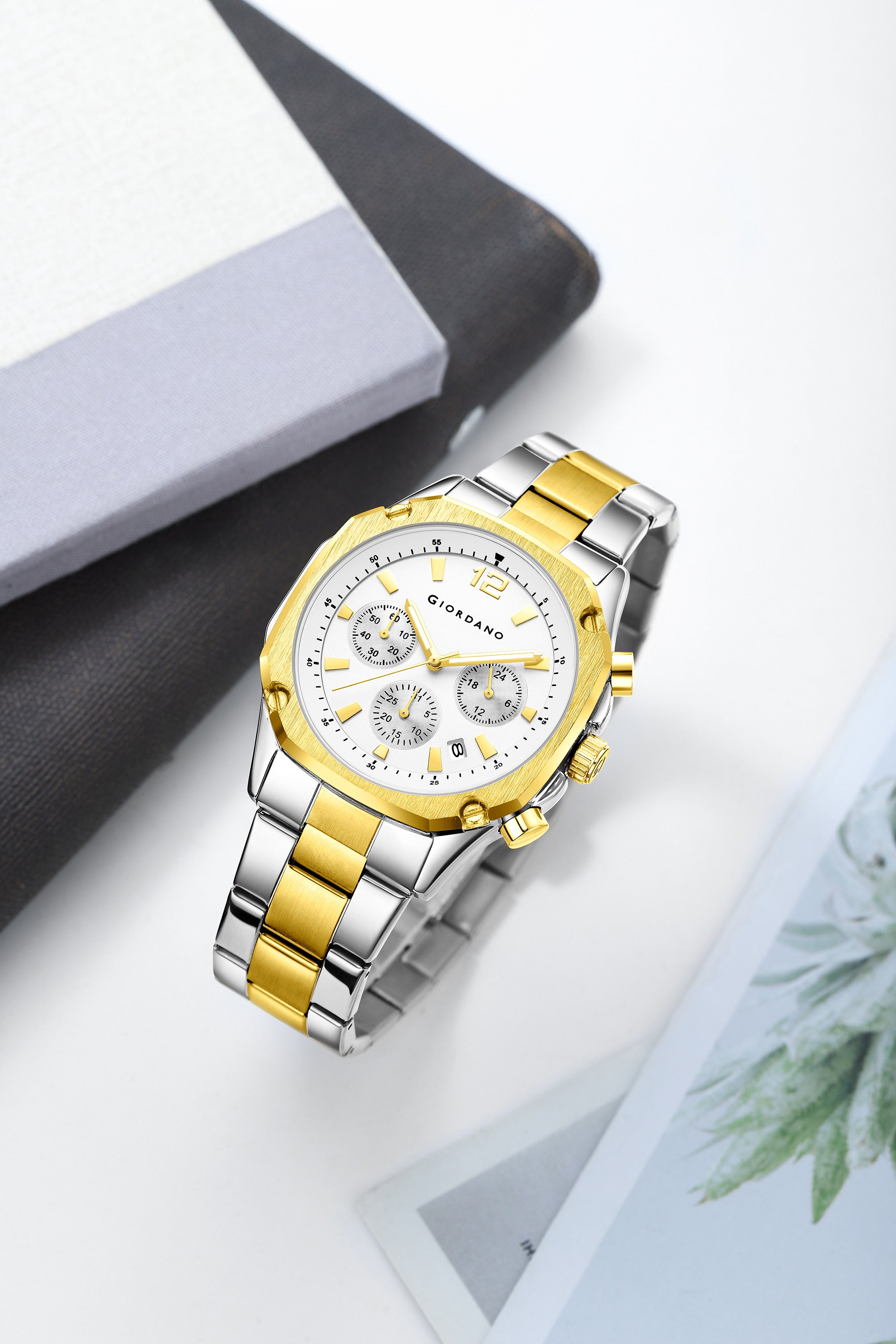 Giordano Analog Watch for Men with Chronograph Subdials, Round White Dial Date Window, Quartz Movement Silver Stainless Steel Strap GZ-50203-33