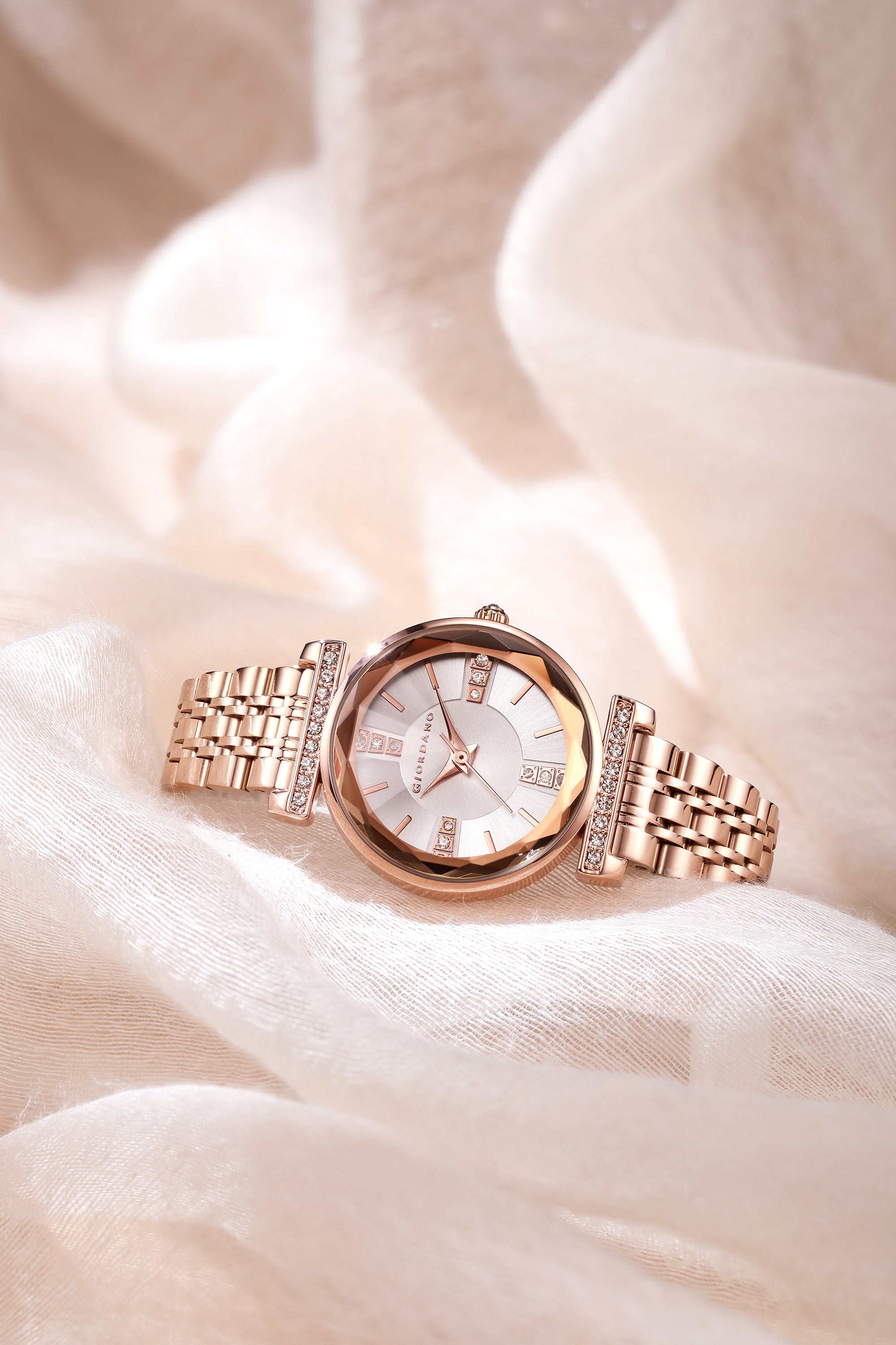 Giordano Analog Quartz Watch for Women with Silver Round Sunray Dial, Crystal Hour Markers, Crystal-Studded Bezel and Rose Gold Stainless Steel Strap - GZ-60084-55