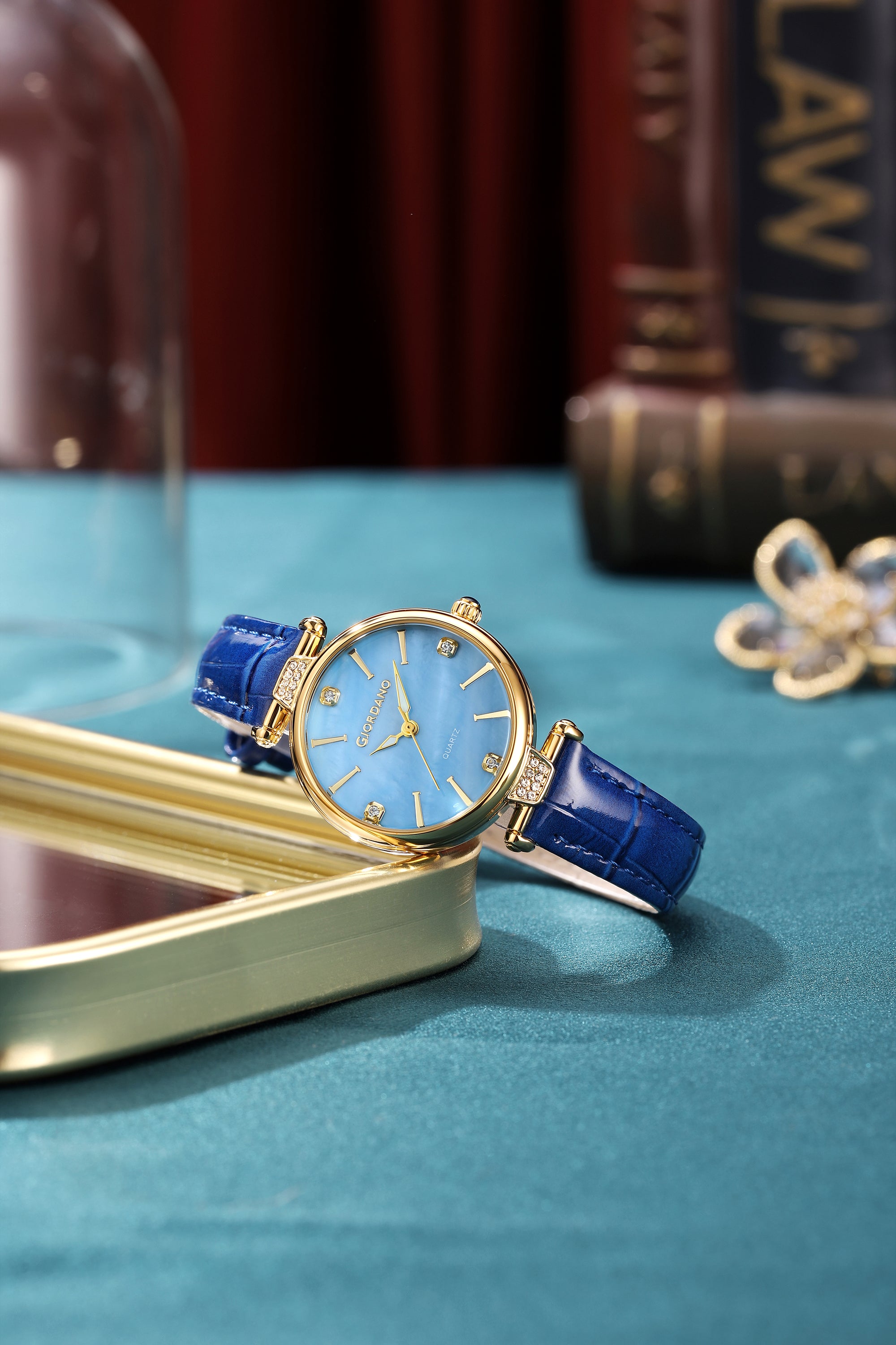 Giordano Analog Quartz Watch for Women with sunray Round Blue Dial, Blue Crown, Luminos hands and Crystal hour markers, Blue Leather Strap - GZ-60161-05