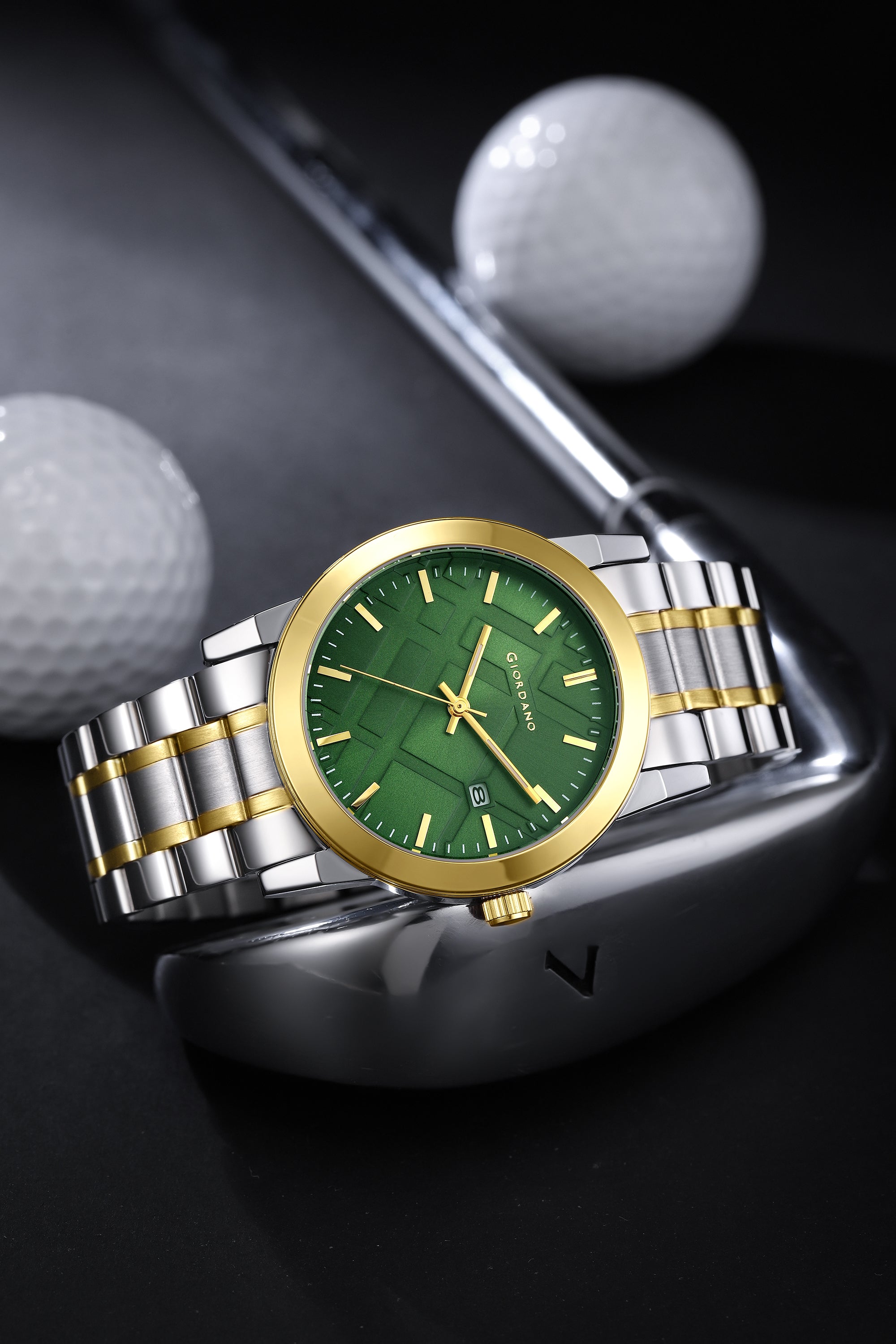 Giordano Analog Quartz Watch for Men with Green Geometric Textured Round Dial, Luminous Hands Markers, Date Display, Faceted Bezel and Two-Tone Gold & Silver Stainless Steel Strap - GZ-50193-22