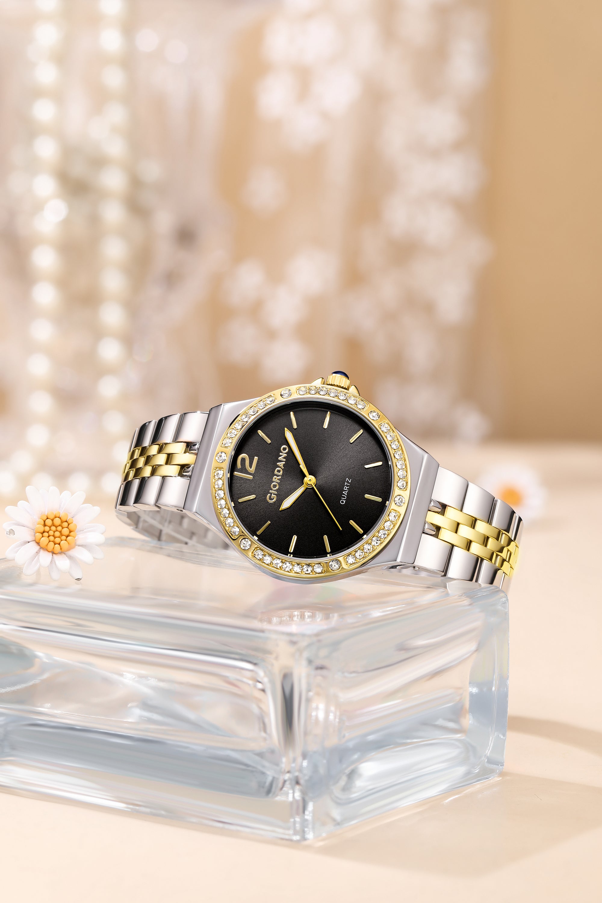 Giordano Analog Quartz Watch for Women with Round Black Dial, Crystal Studded Bezel, Blue Crown, Luminous Hands, Silver and Gold Stainless Steel Strap - GZ-60159-11