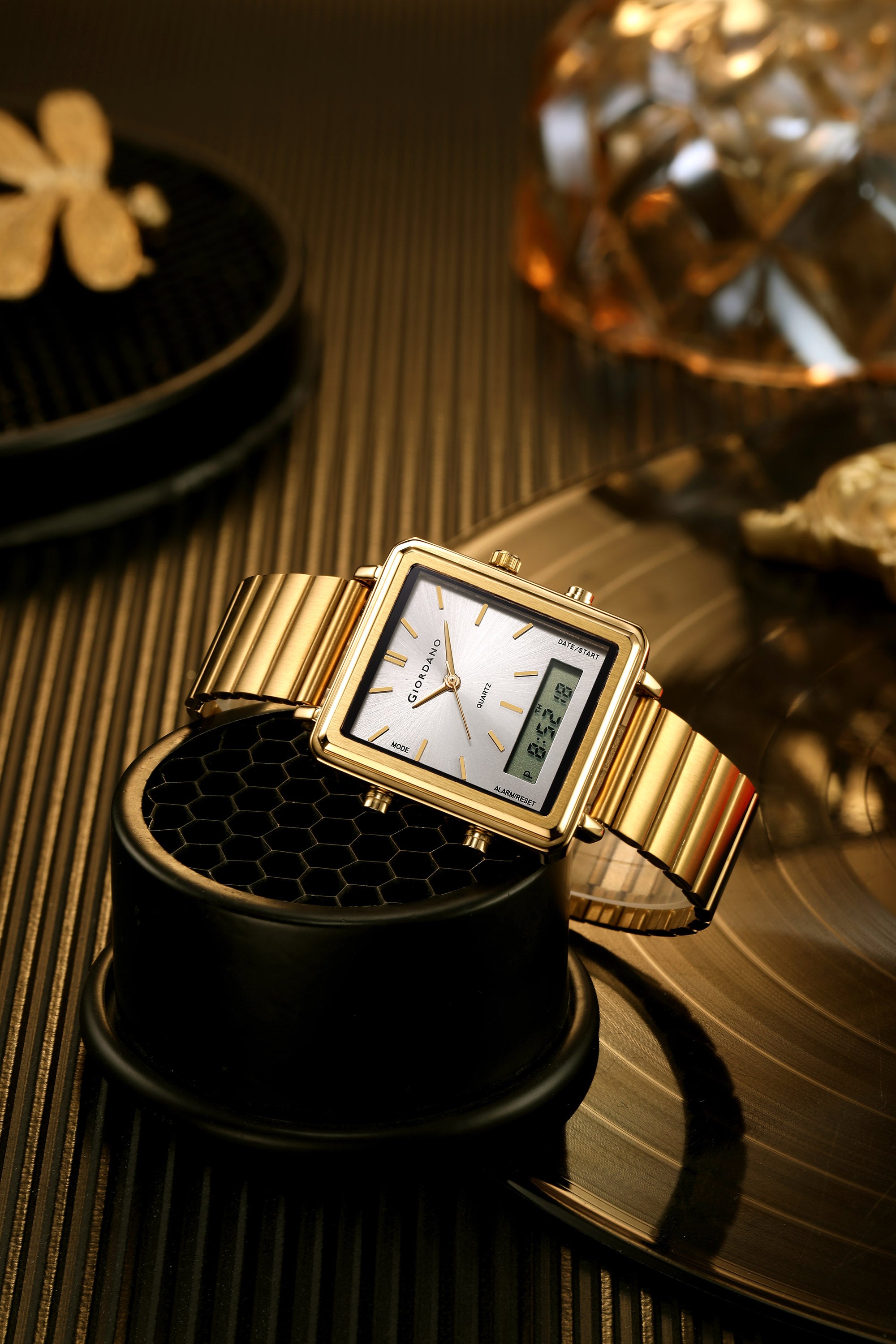 Giordano Analog Digital Watch for Men with Square White Dial, Dual Time Display, Gold Stainless Steel Strap - GZ-50210-33