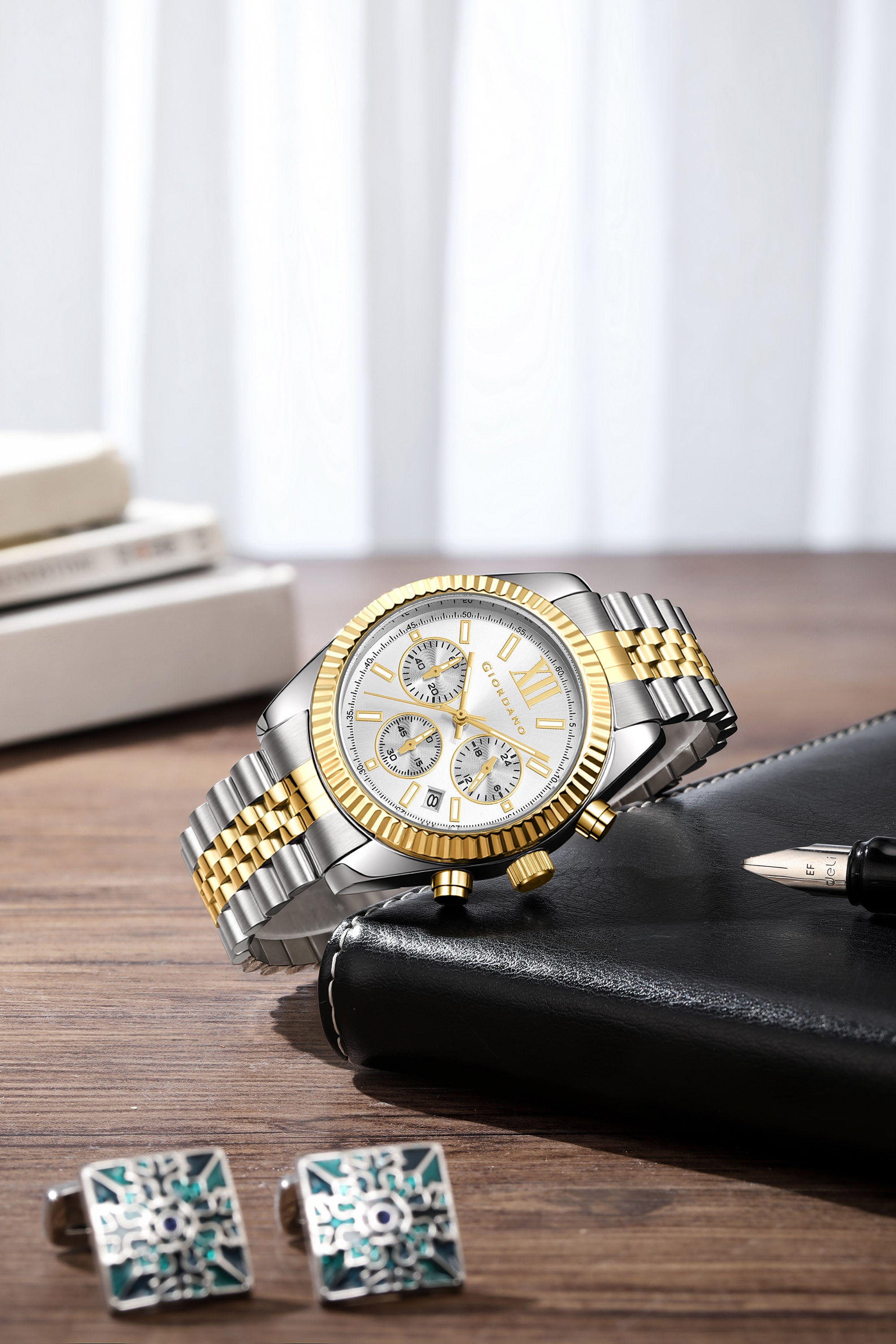 Giordano Chronograph Analog Quartz Watch for Men with Round White Dial, Roman indices, Date Function, Luminos hands and Markers, Silver and Gold Stainless Steel Strap - GZ-50217-44