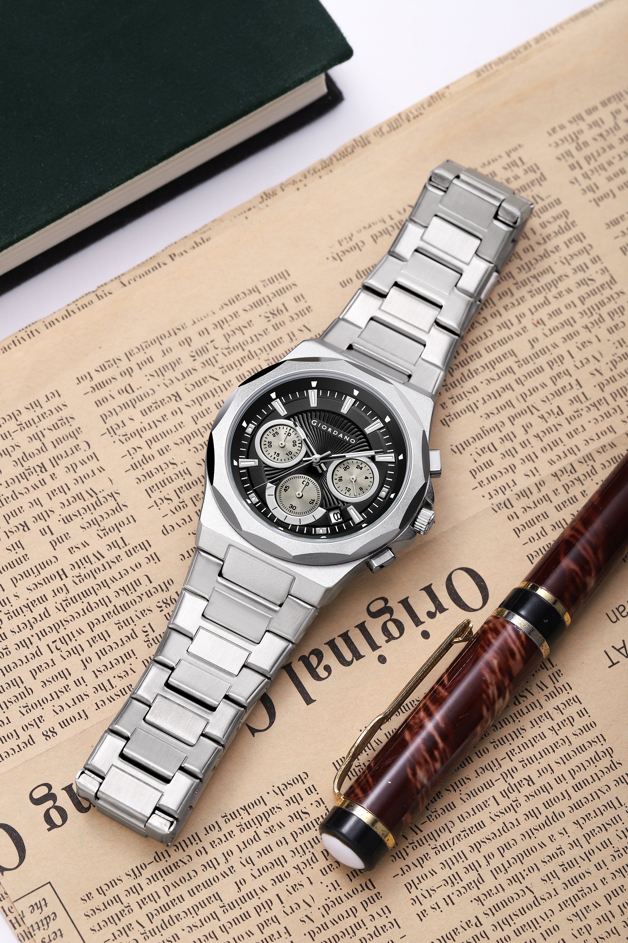 Giordano Chronograph Analog Quartz Watch for Men with Textured Round Black Dial, Date Function, Luminous Hands and Markers, Silver Stainless Steel Strap - GZ-50199-11