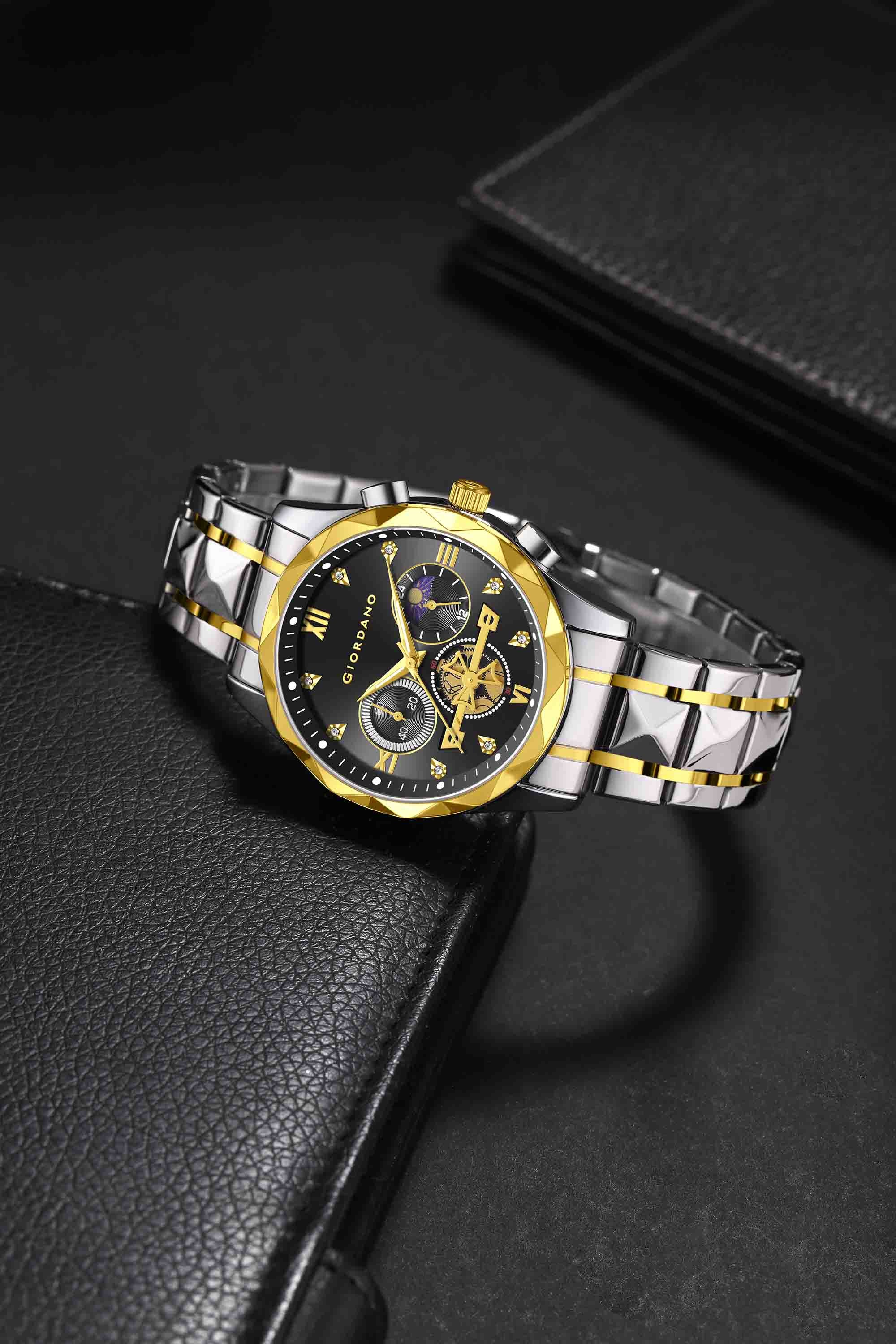 Giordano Chronograph Analog Quartz Watch for Men with Black Dial, Multifunction Subdials, Sun Moon Display, Crystal Hour Markers, Roman Numerals, Dual-Tone Stainless Steel Strap - GZ-50236-22