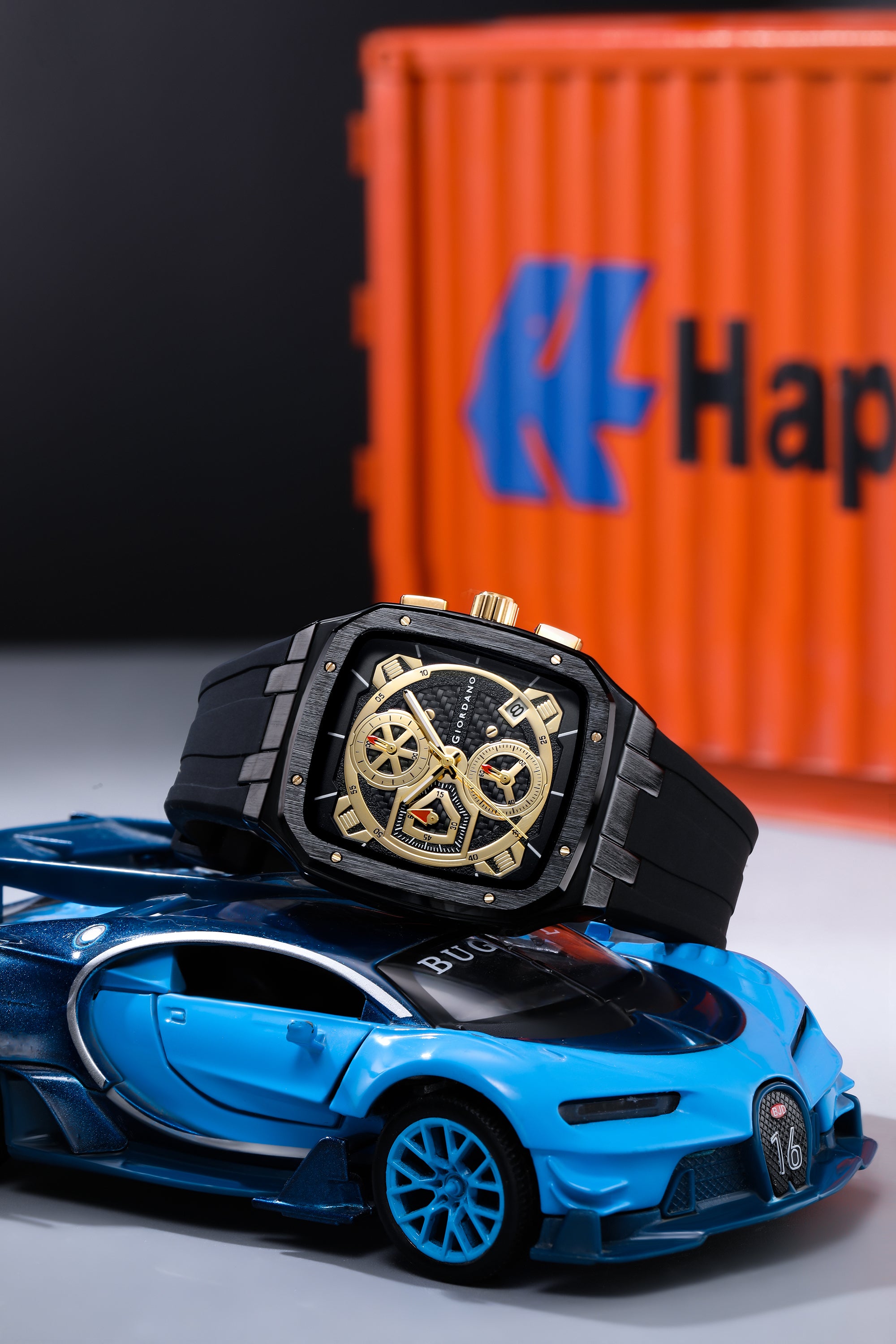 Giordano Analog Watch for Men with Chronograph Subdials, Black Square Case, Date Display, Quartz Movement, Black Silicone Strap GZ-50204-11