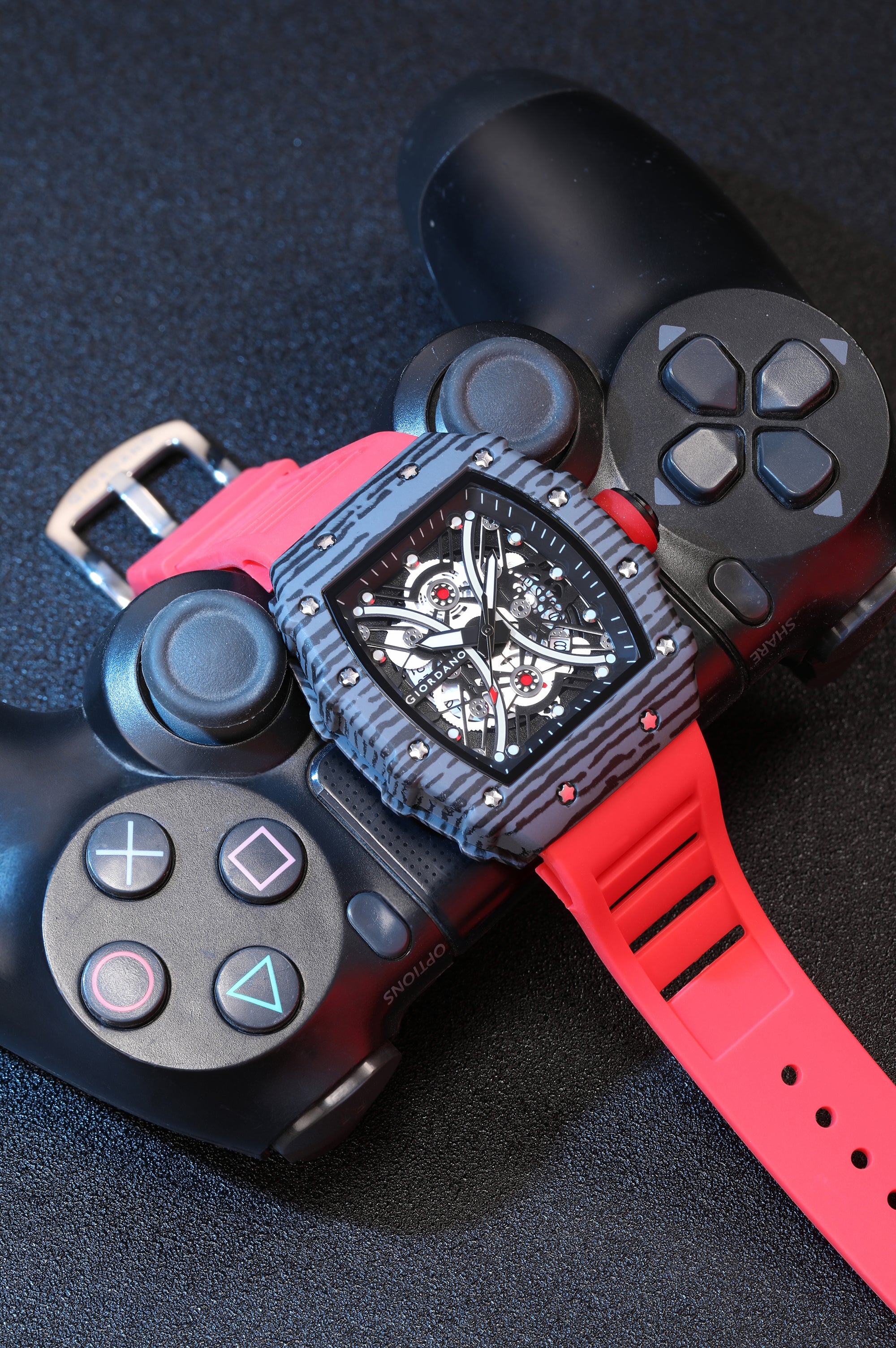Giordano Analog Square Watch for Men with Skeleton Design, Rugged Textured Case, Luminous Hands, and Silicone Strap - GZ-50180-33
