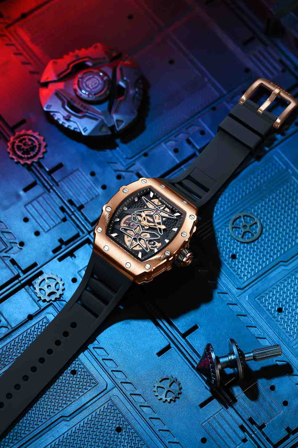 Giordano Analog Skeleton Dial Watch for Men – Tonneau Case, Silicone Strap, Open-Gear Sport Design, Quartz Movement - GZ-50188-33
