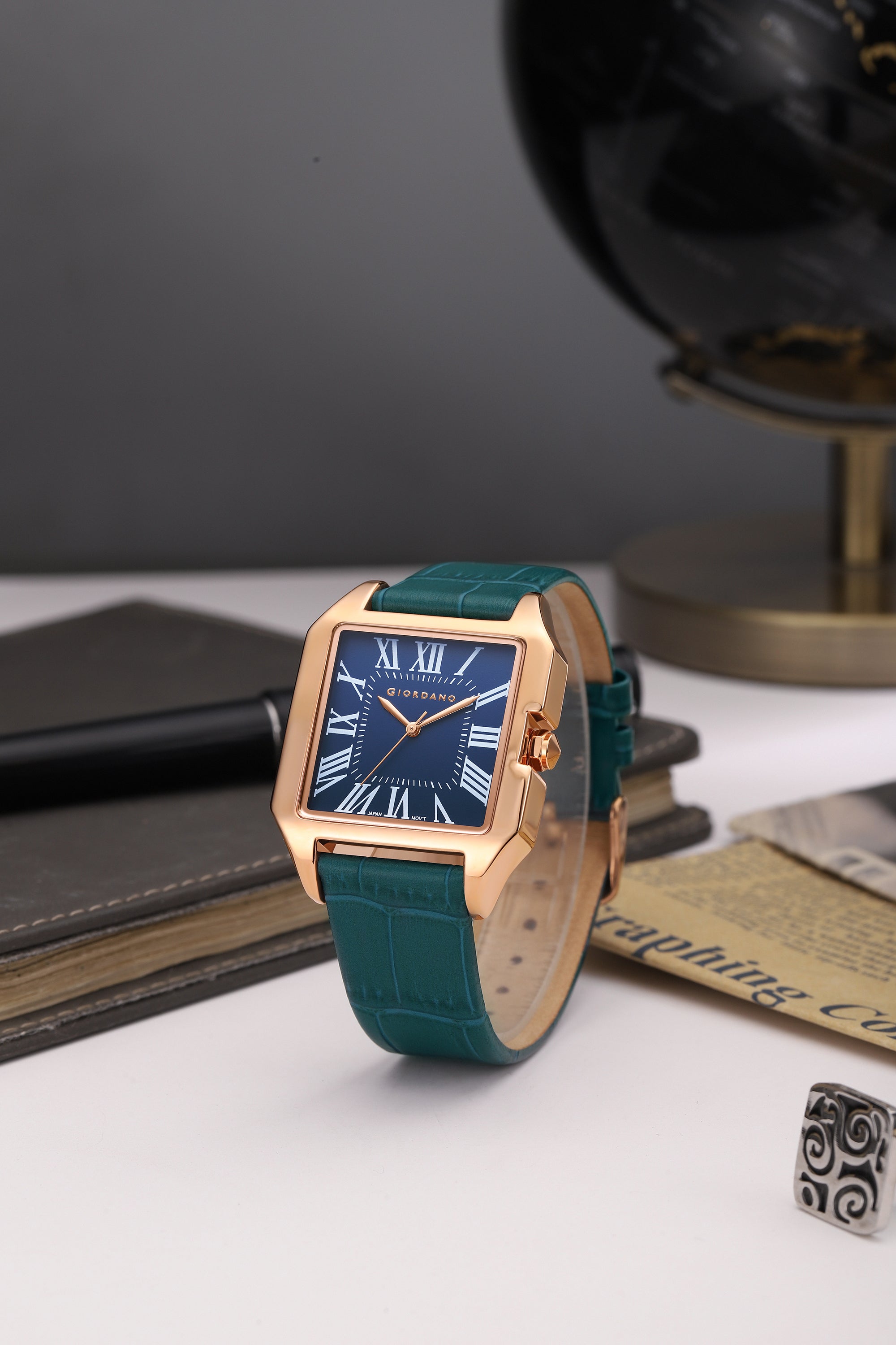 Giordano Vintage Square Watch for Women with Classic Roman Indices and Leather Strap - GZ-60080-01