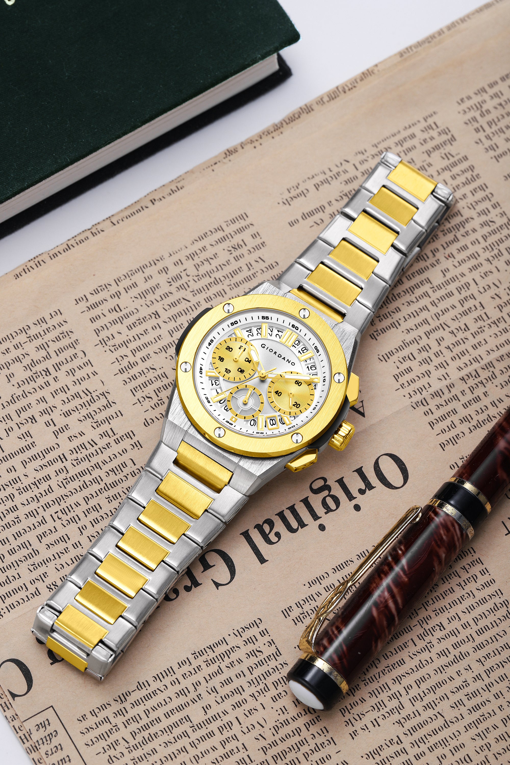 Giordano Chronograph Analog Quartz Watch for Men with Round White Dial, Date Function, Luminous Hands and Markers, Silver and Gold Stainless Steel Strap - GZ-50200-44