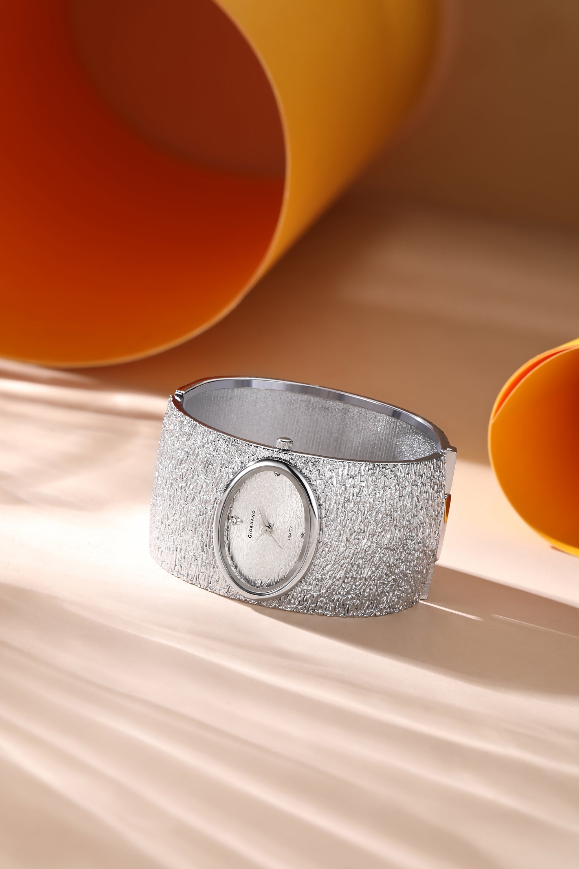 Giordano Analog Quartz Watch for Women with Oval Silver Textured Dial, Crystal Hour Markers, Stainless Steel Bangle Strap - GZ-60171-11