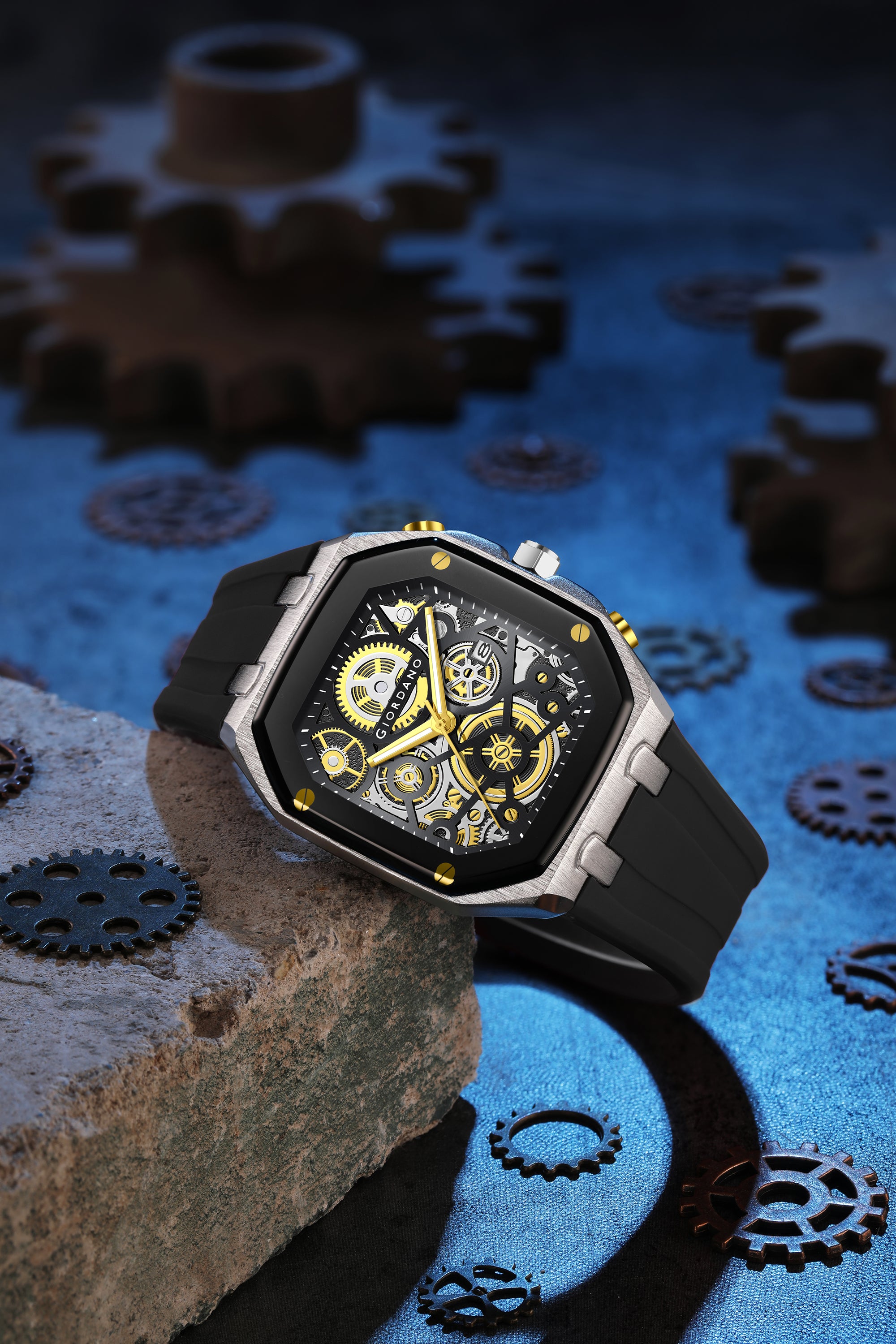 Giordano Skeleton Dial Analog Watch for Men – Silver Tone Case, Black Silicone Strap, Date Display & Transparent Mechanical Design GZ-50221-01