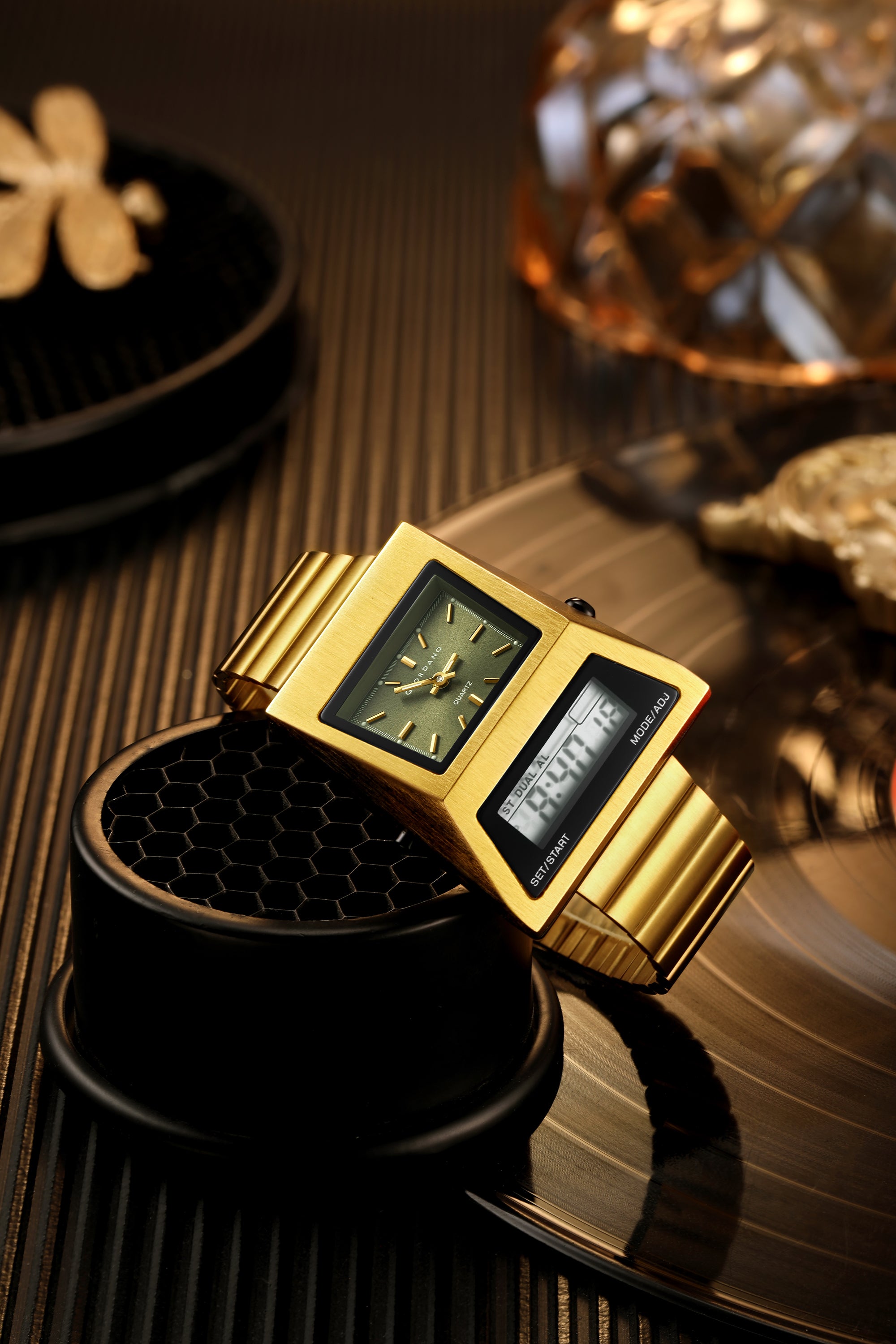 Giordano Analog Digital Watch for Men with Triangle Shape Green Dial, Dual Time Display, Gold Stainless Steel Strap - GZ-50205-33