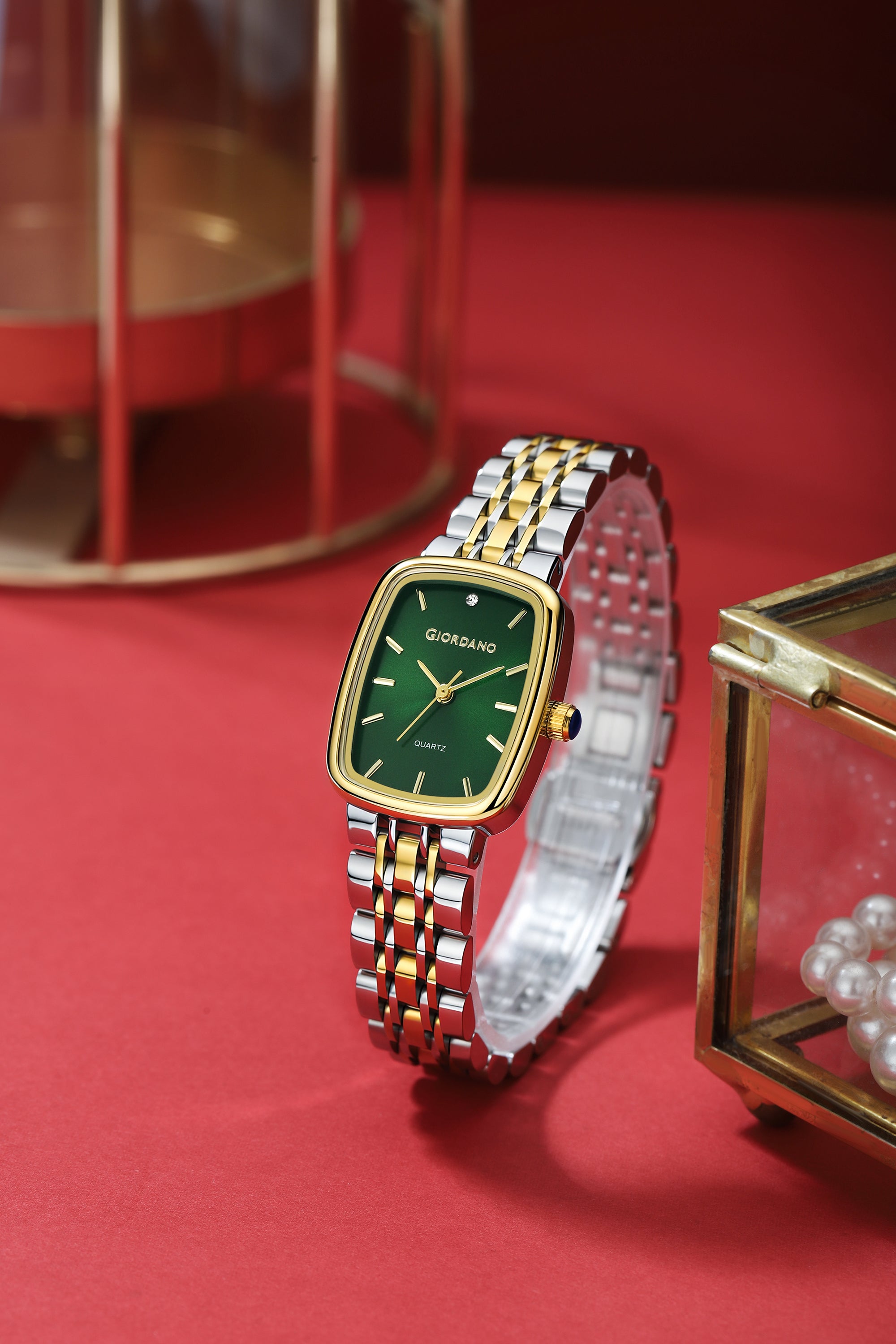 Giordano Analog Quartz Watch for Women with Rectangular Green Dial, Blue Crown, Silver and Gold Stainless Steel Strap - GZ-60150-33