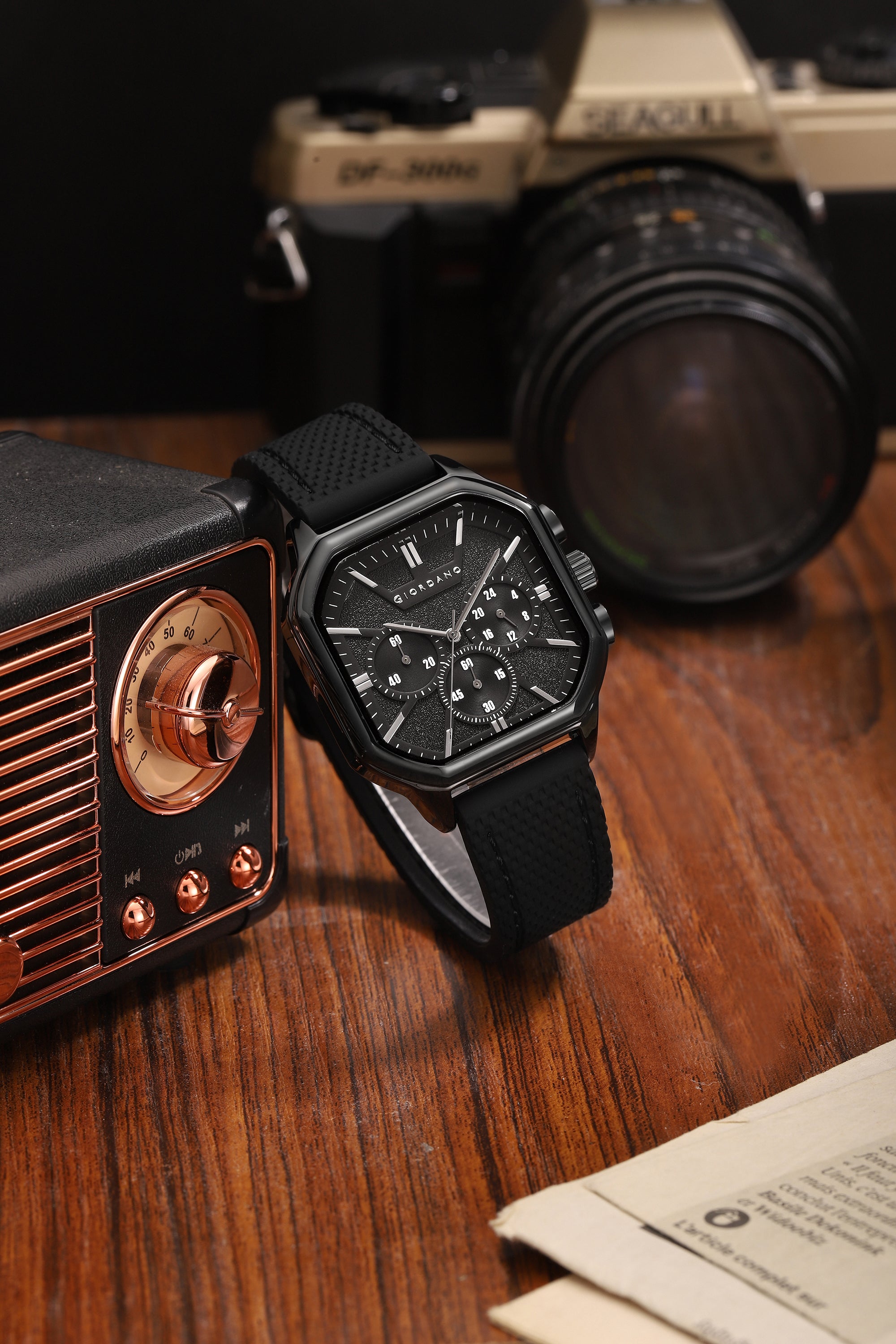 Giordano Analog Chronograph Watch for Men with Square Dial, Multi-Function Subdials, Quartz Movement and Silicone Strap - GZ-50171-11