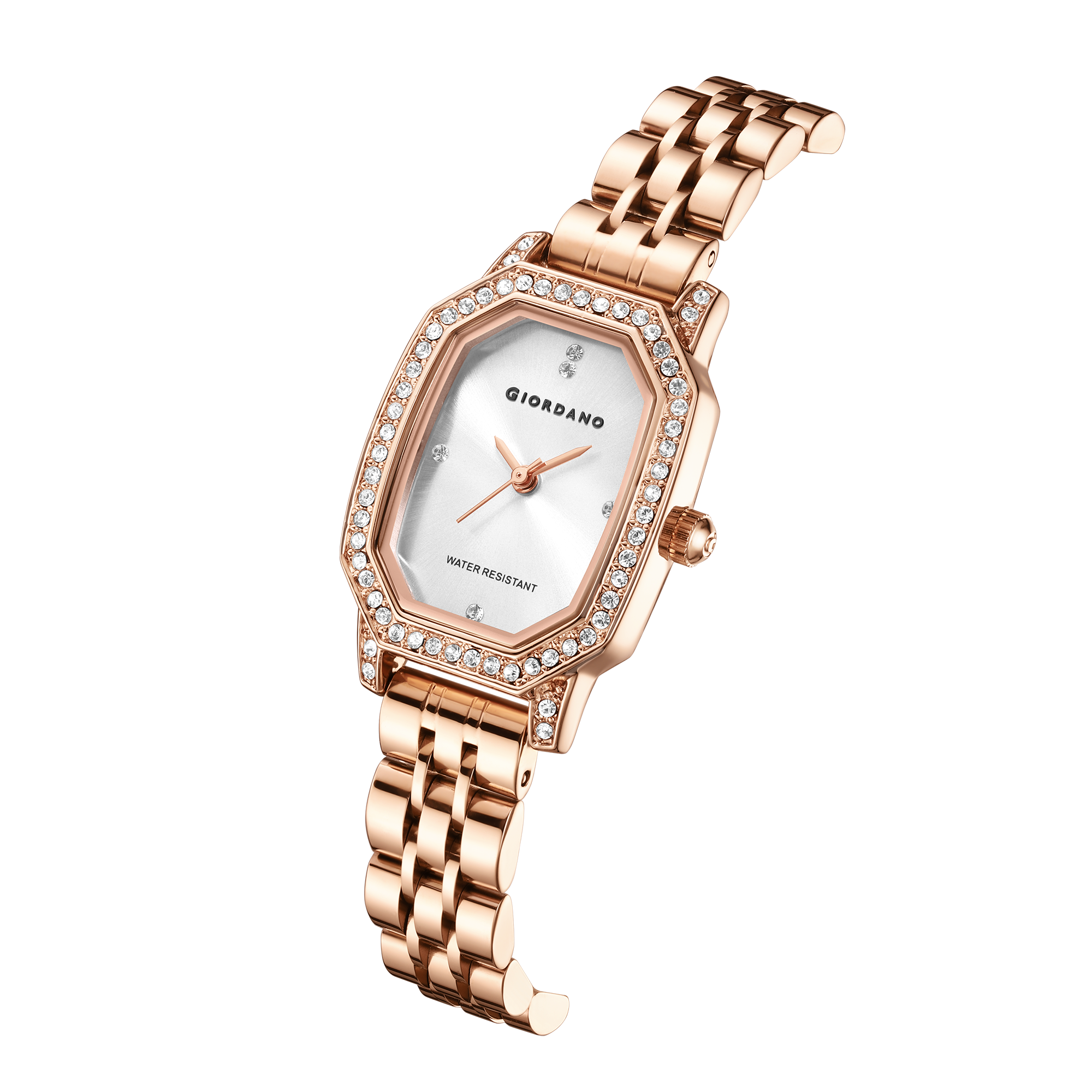 Giordano Elegant Analog Watch for Women – Classic octagonal Dial, diamond bezel and rose gold stainless steel strap | GZ-60114-44