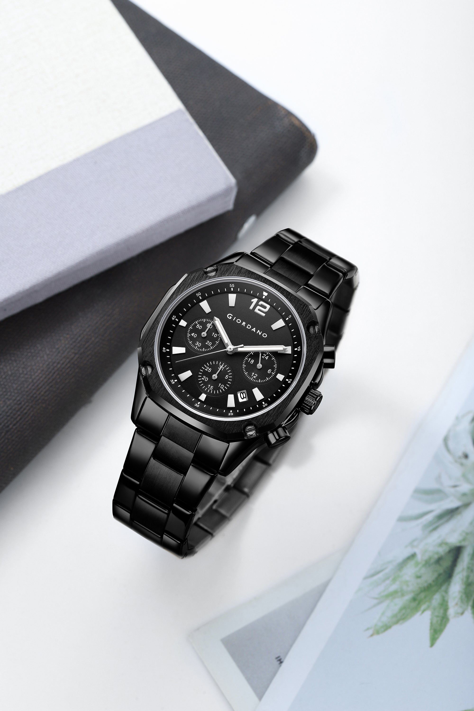 Giordano Analog Watch for Men with Chronograph Subdials, Round Black Dial Date Window, Quartz Movement Silver Stainless Steel Strap GZ-50203-11