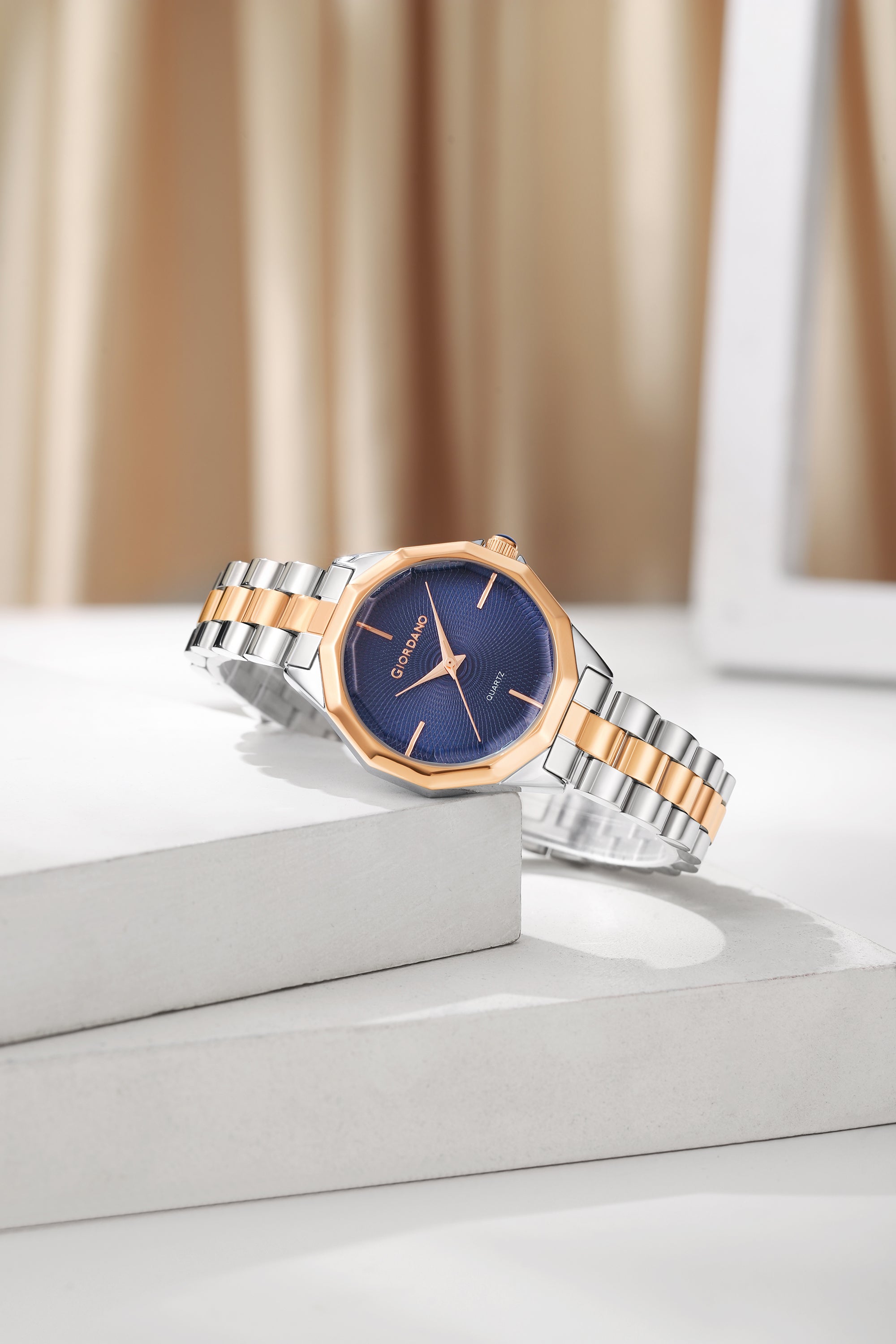 Giordano Analog Quartz Watch for Women with Textured Round Blue Dial, Square Case, Blue Crown, Silver and Rose Gold Stainless Steel Strap - GZ-60158-22