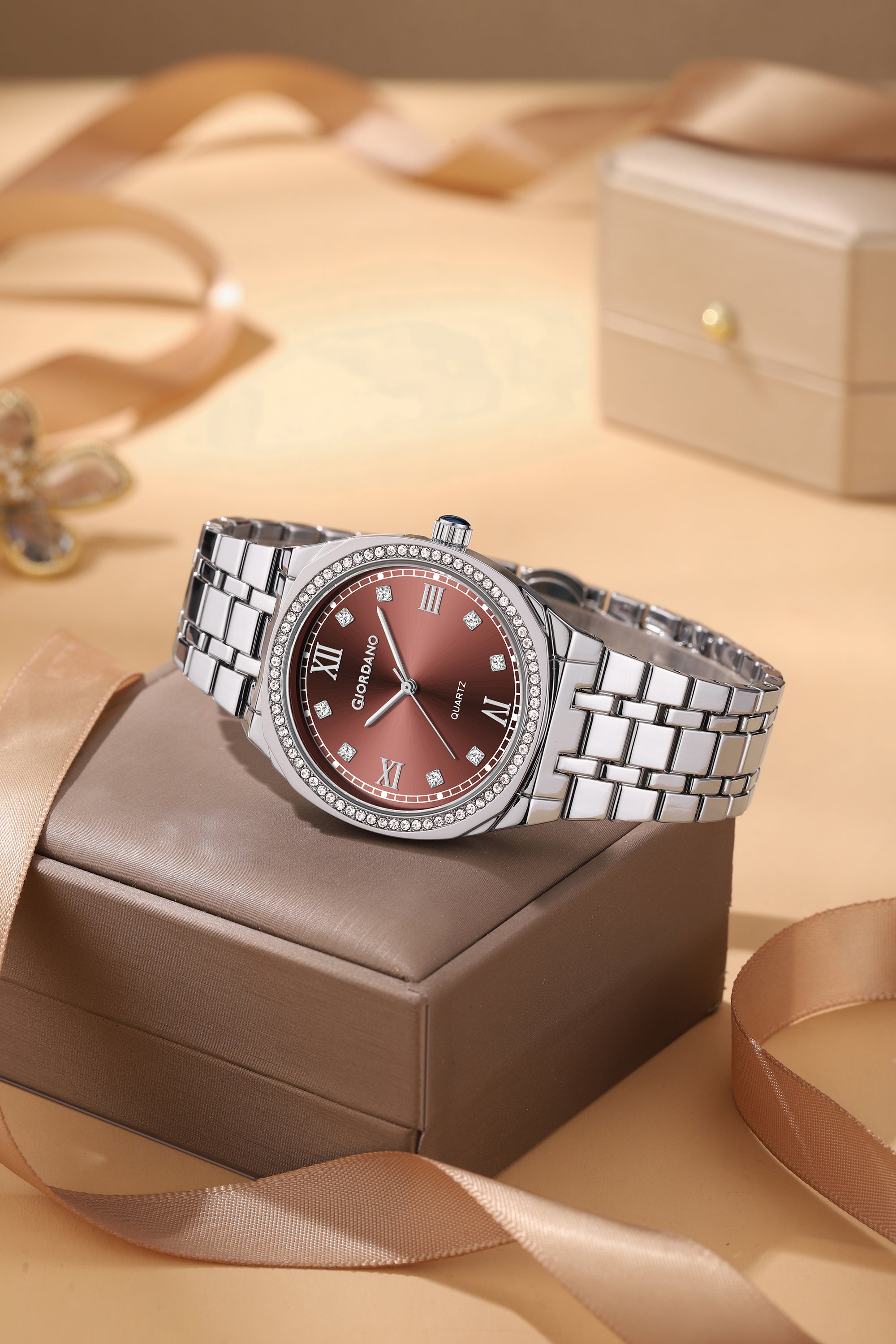 Giordano Analog Quartz Watch for Men with Round Brown Dial, Roman Indices, Blue Crown, Crystal Studded Hour Markers and Bezel, Silver Stainless Steel Strap - GZ-50216-22