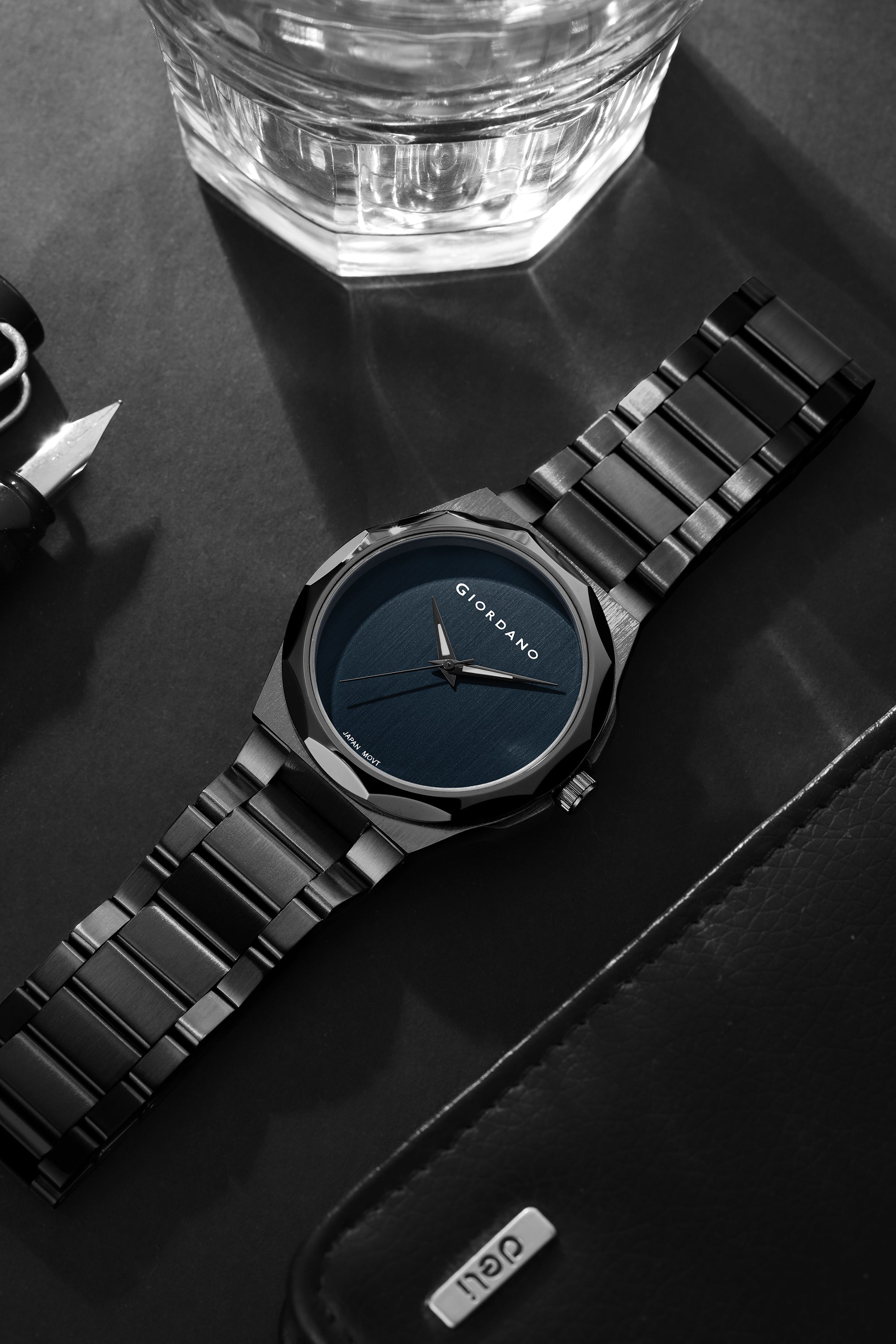 Giordano Classic Formal Analog Quartz Watch for Men with Blue Sunray Round Dial, Minimalist Markerless Design, Luminous Hands, Quartz Movement and Black Stainless Steel Strap - GZ-50189-11
