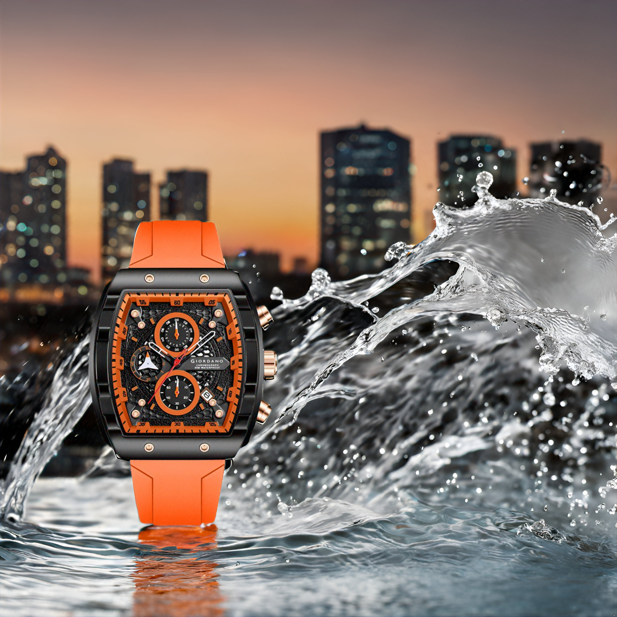 पुरुषों के लिए जियोर्डानो ऑरेंज स्क्वायर डायल मल्टीफ़ंक्शनल वॉच आकर्षक डिज़ाइन, वॉटरप्रूफ, डेट डिस्प्ले और सिलिकॉन स्ट्रैप GZ-50123-02 के साथ