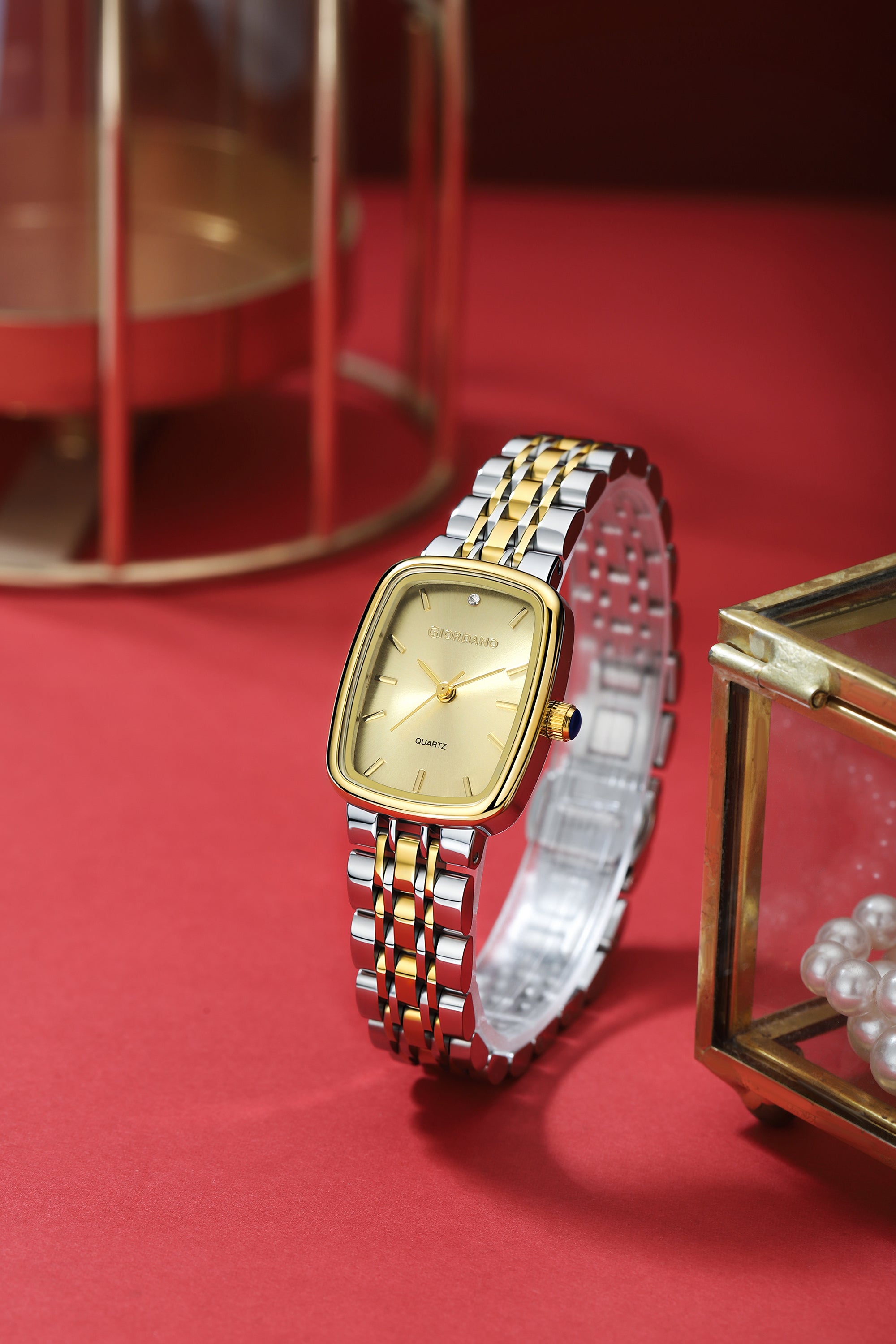 Giordano Analog Quartz Watch for Women with Rectangular Gold Dial, Blue Crown, Silver and Gold Stainless Steel Strap - GZ-60150-11