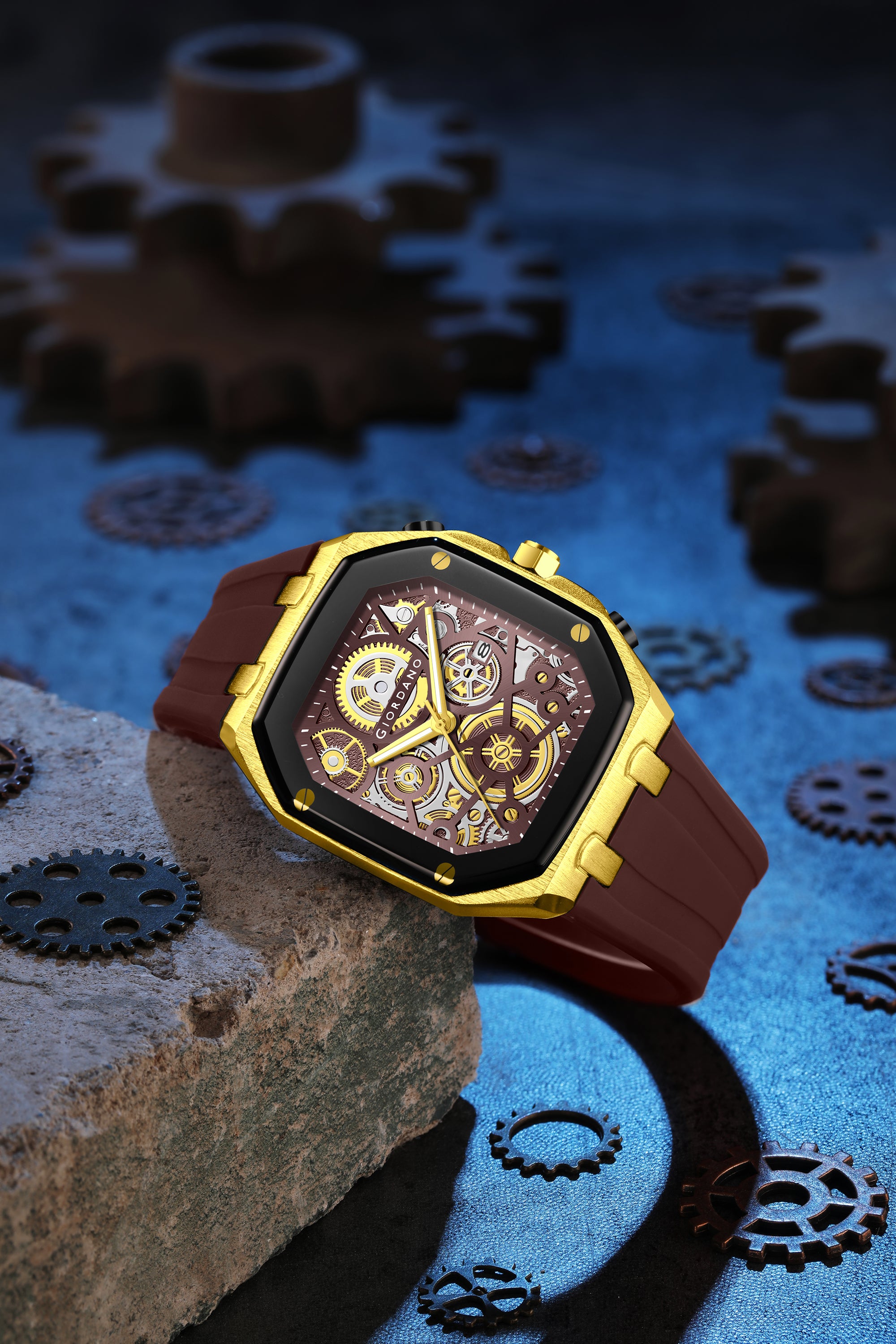 Giordano Skeleton Dial Analog Watch for Men – Gold Tone Case, Brown Silicone Strap, Date Display & Transparent Mechanical Design GZ-50221-03