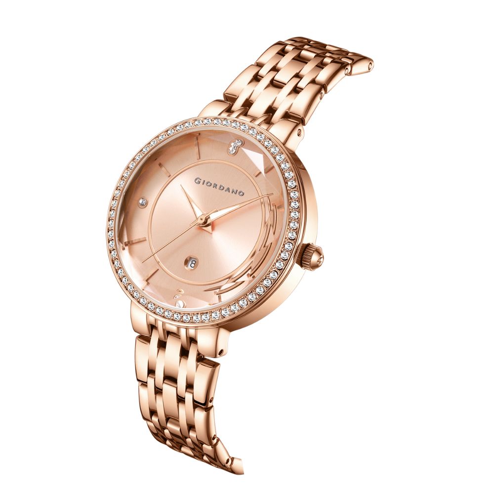 Giordano Stylish Analog Watch for Women – Round cut glass Dial,diamond studed bezel, stainess steel strap and date display | GZ-60110-44