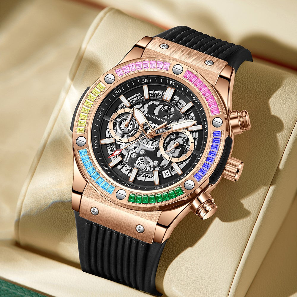 Giordano Multi-Function Watch for Men | Rainbow Crystal Bezel | Skeleton Dial | Black Sillicon Strap | GZ-50130-03