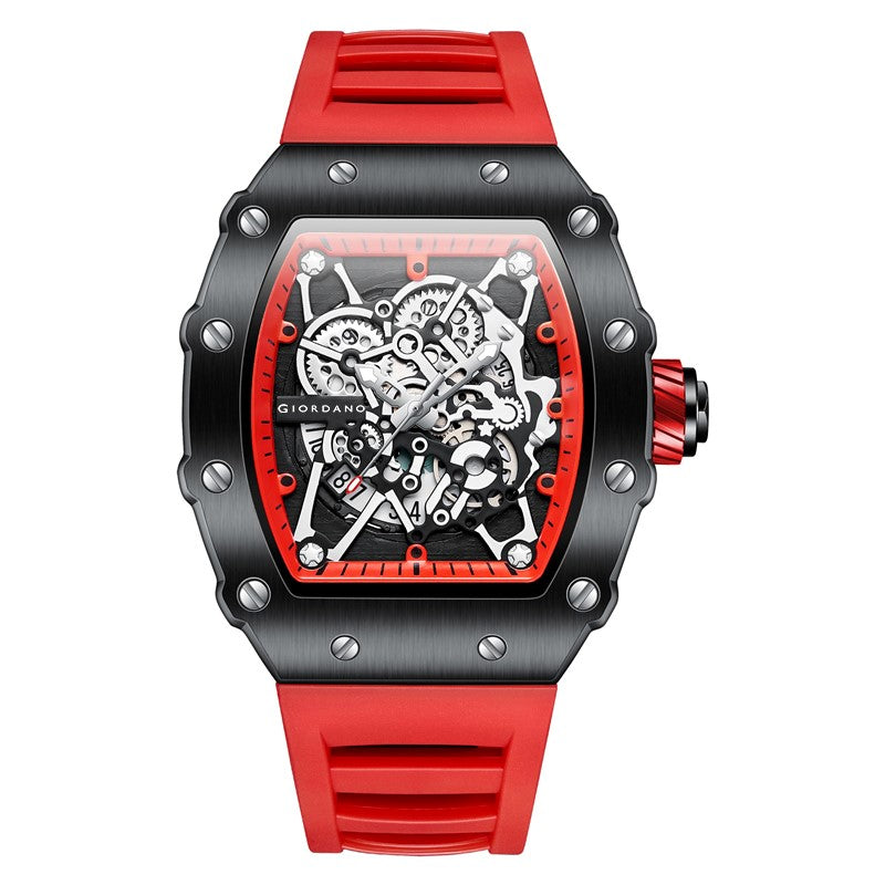 Giordano Analog Watch for Men - Skeleton-Style Dial | Brushed Steel Case with Silicone Strap | GZ-50127-06
