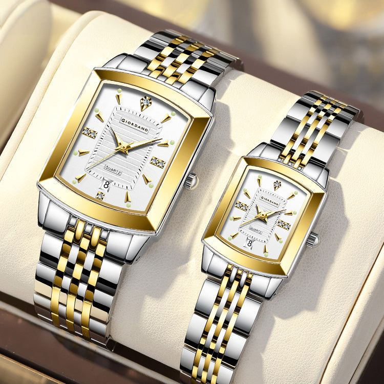 Giordano Analog Pair Watch For Unisex With Round Dial, Crystal Indices , Date Display And Stainless Steel Strap GZ-991-SET-22