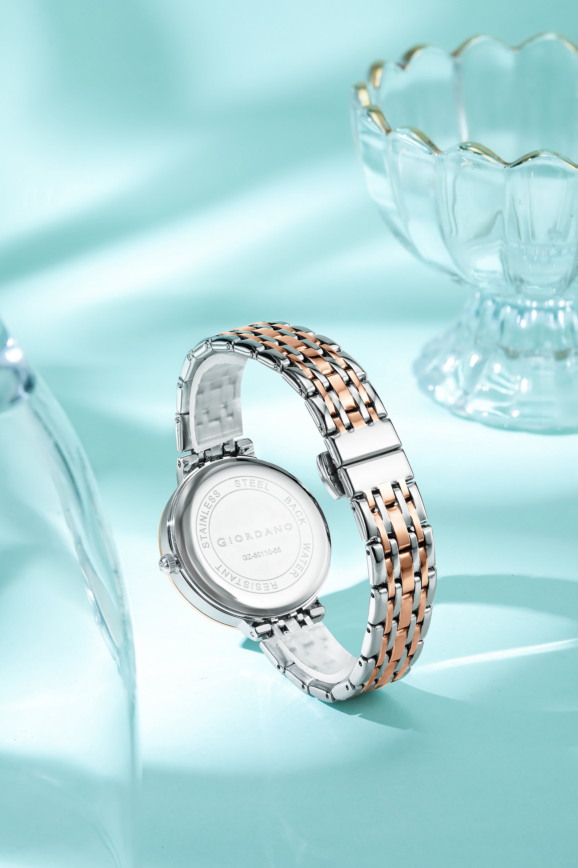 Giordano Analog Quartz Watch for Women with Blue Round Sunray Cut Glass Dial, Date Display, Crystal Hour Markers, Diamond-Studded Bezel and Two-Tone Silver & Rose Gold Stainless Steel Strap - GZ-60110-55