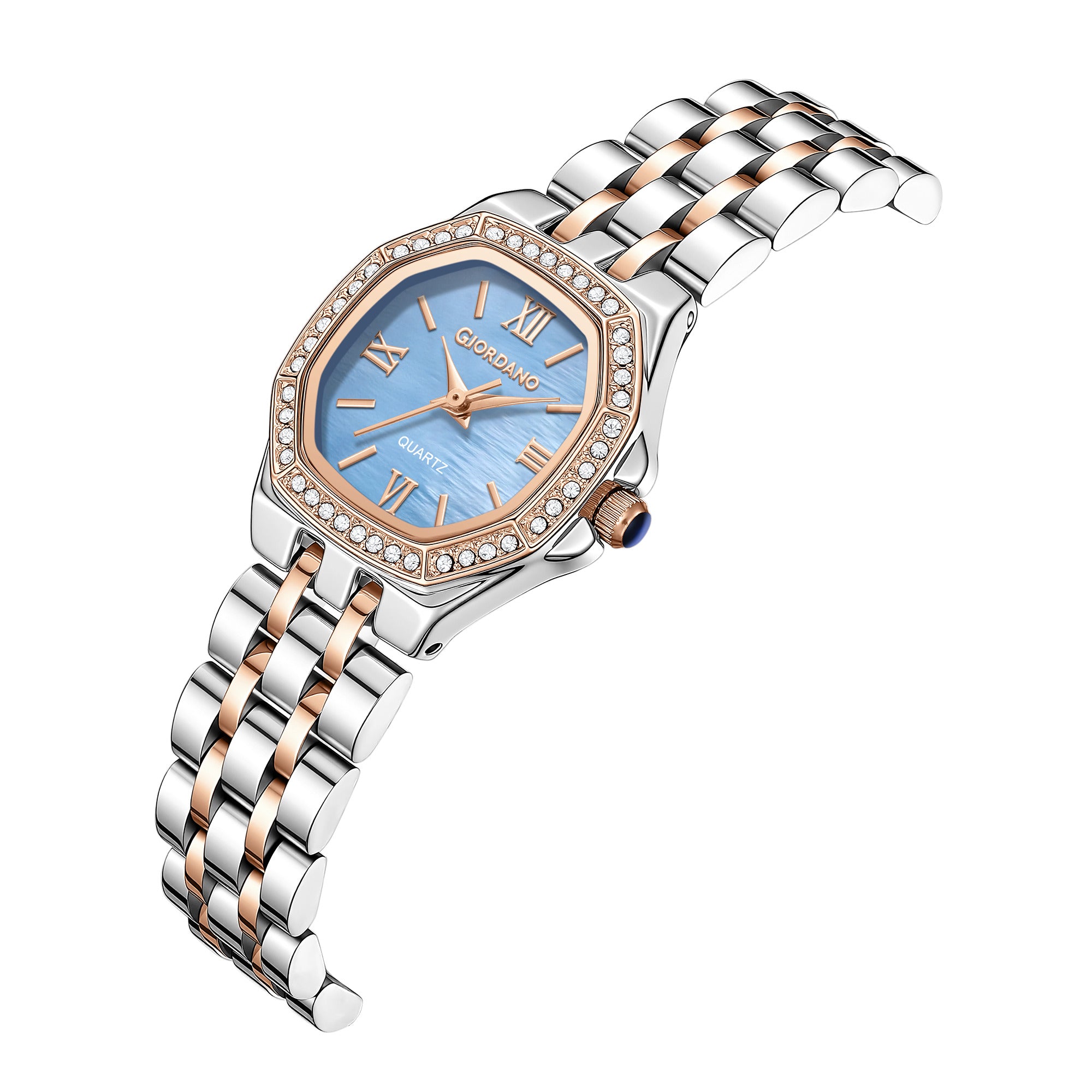 Giordano Analog Watch for Women with Blue Dial, Crystal Studded Bezel, Roman Indices & Stainless Steel Strap GZ-60162-66