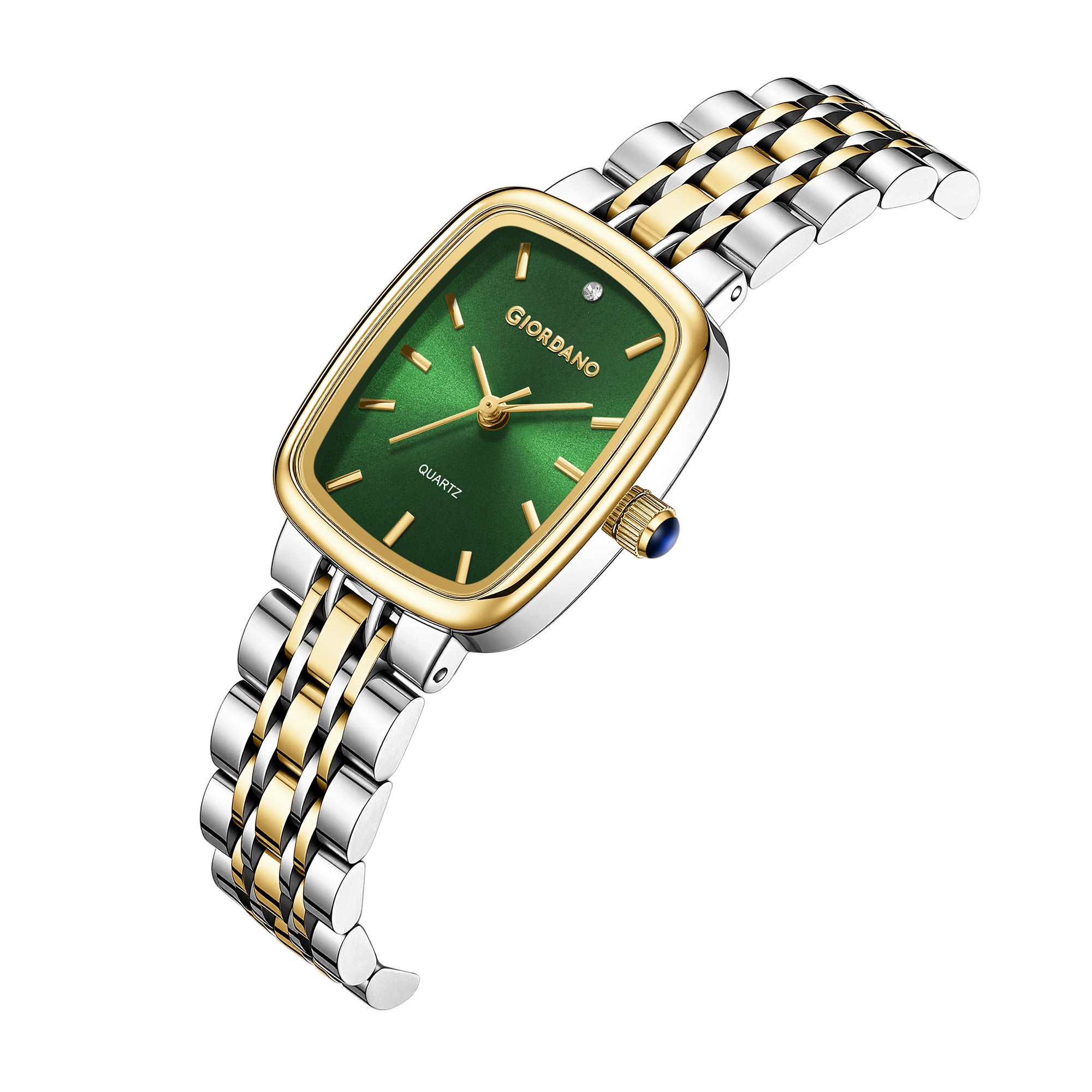 Giordano Analog Quartz Watch for Women with Rectangular Green Dial, Blue Crown, Silver and Gold Stainless Steel Strap - GZ-60150-33