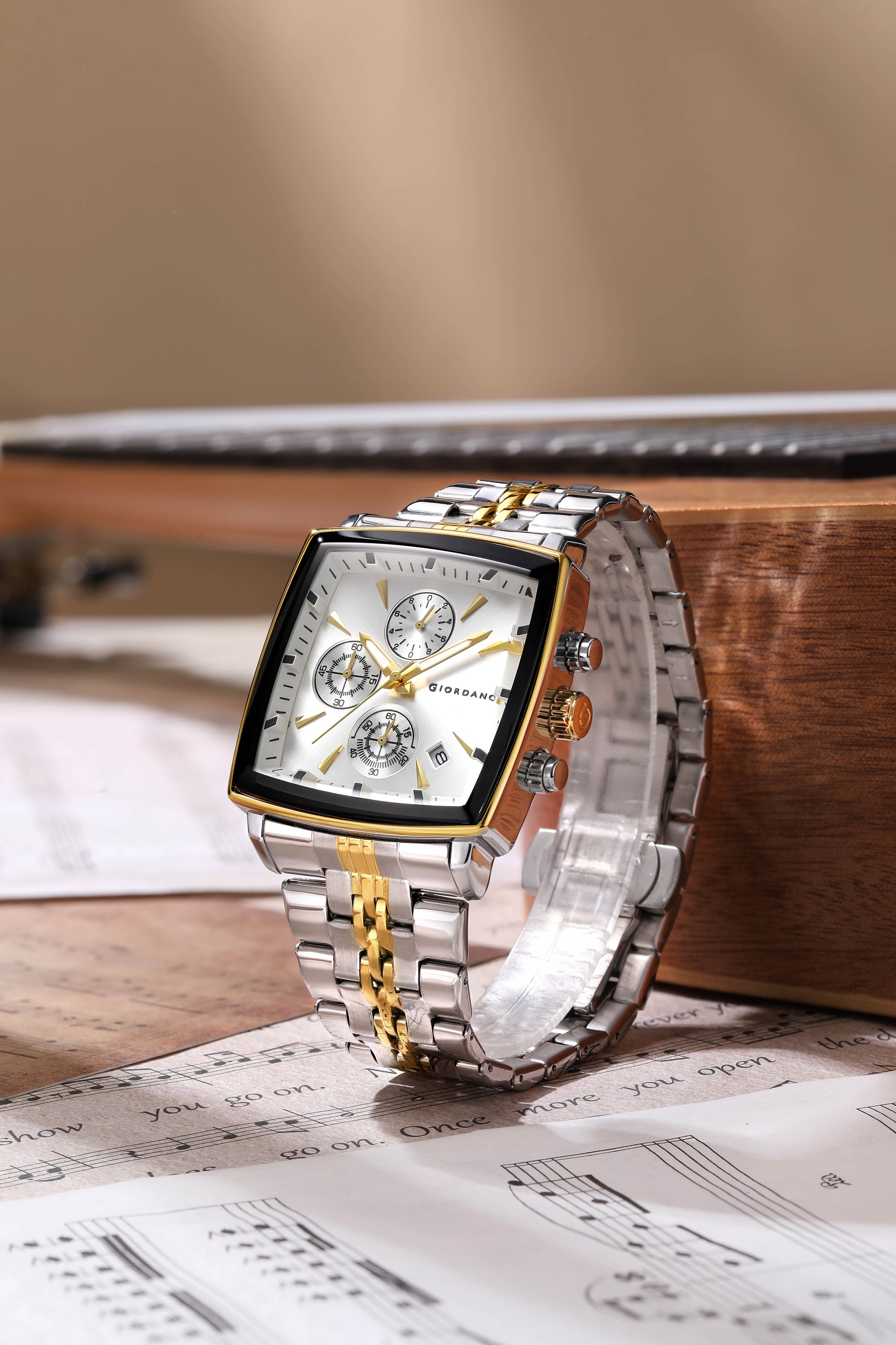 Giordano Multi Function Watch For Men With Square White Dial, Stainless Steel Strap And Date Display GZ-50138-33