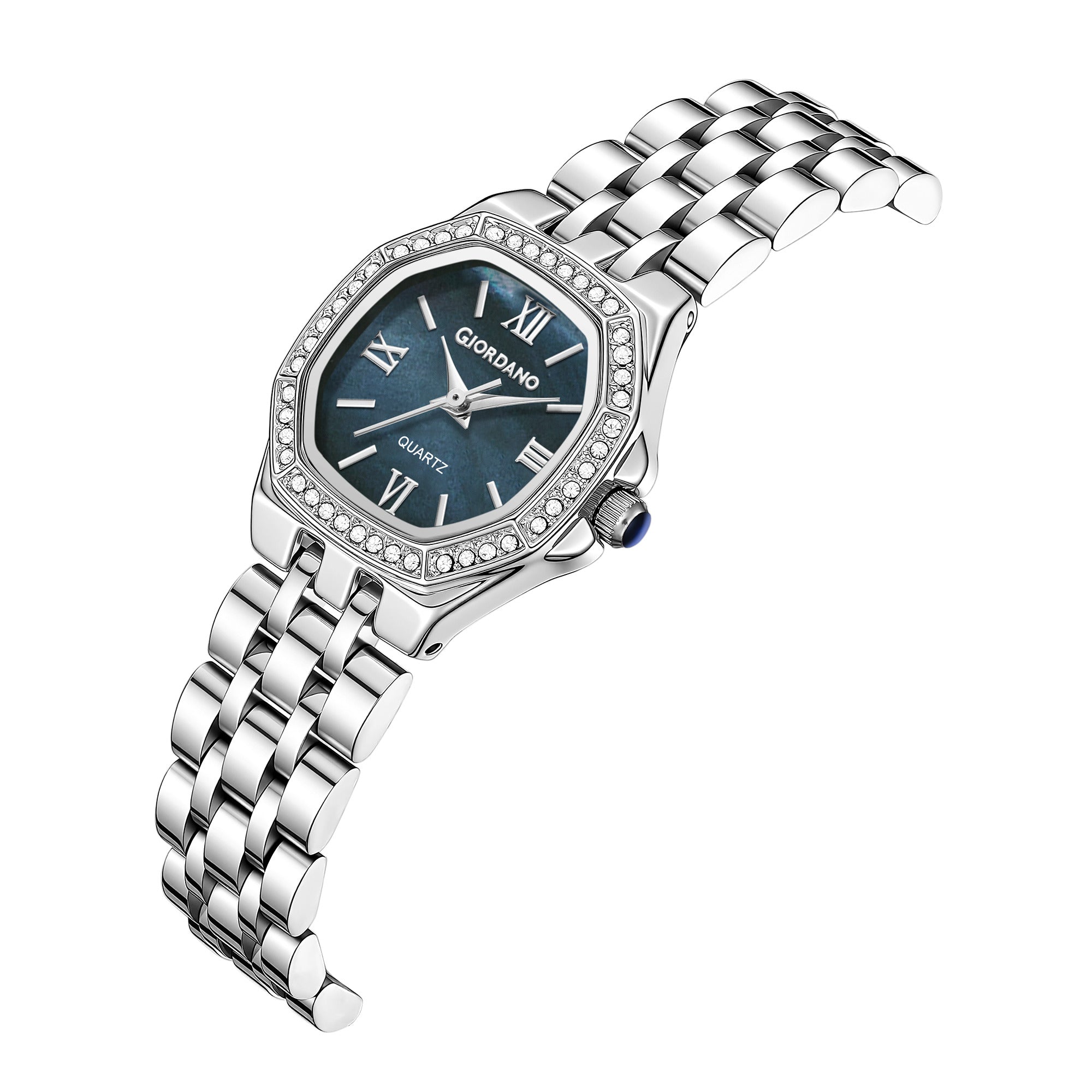 Giordano Analog Quartz Watch for Women with Round Blue Dial, Crystal Studded Bezel, Roman Markers and Stainless Steel Strap - GZ-60162-11