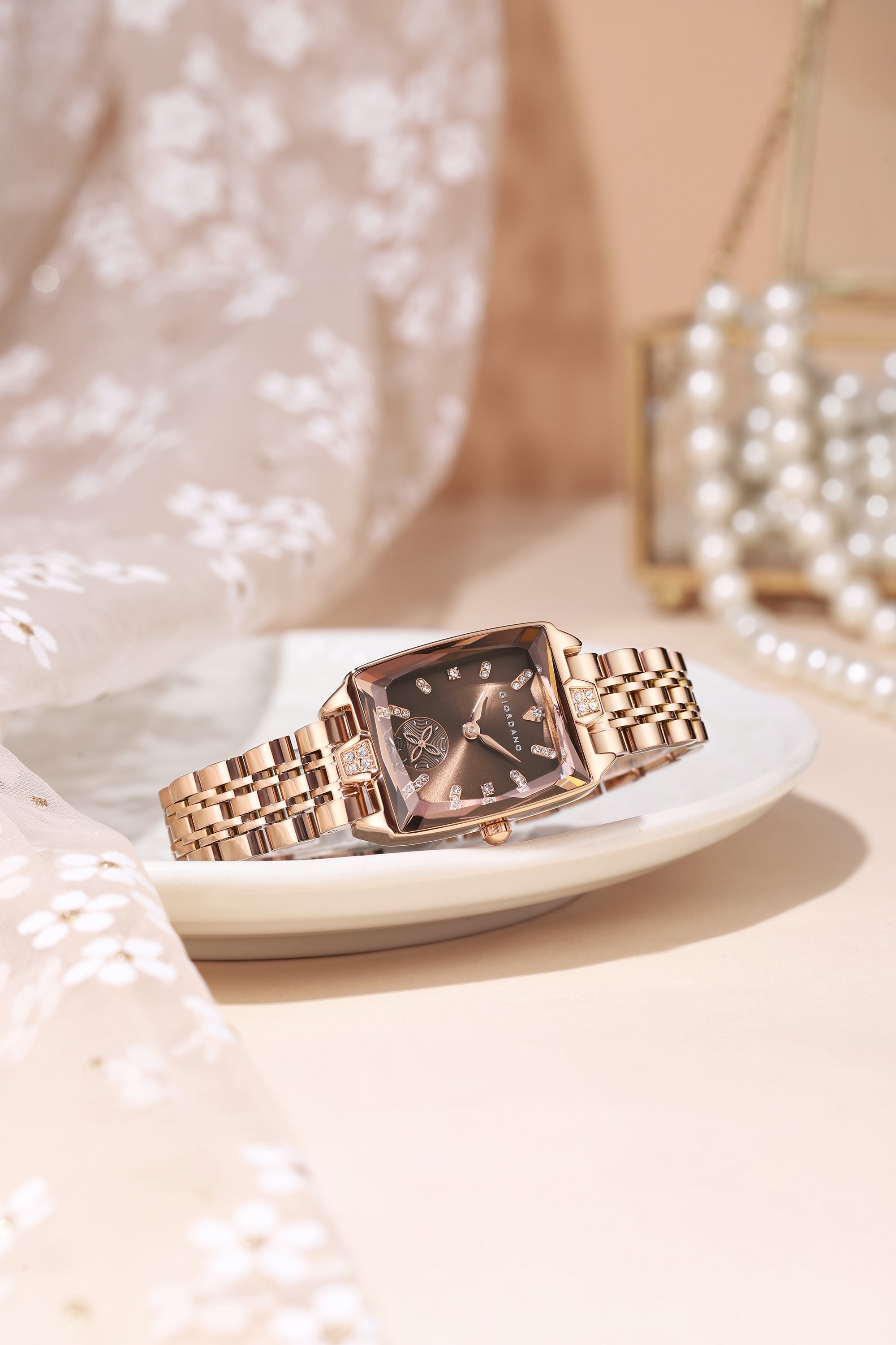 Giordano Analog Watch For Women - Rectangular Dial, Crystal Hour Markers And Rose Gold Stainless Steel Strap GZ-60102-11