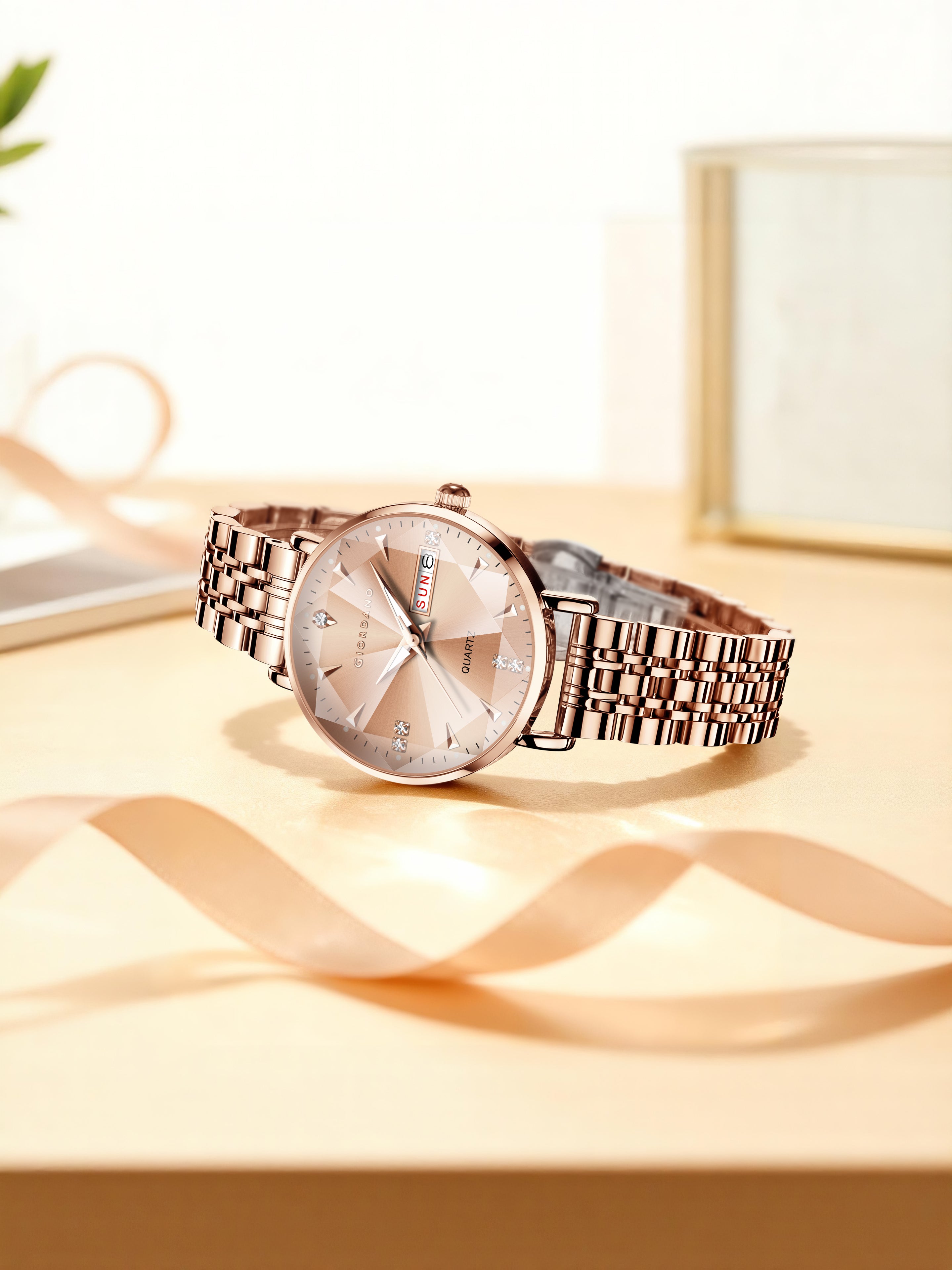 Giordano Rose Gold Analog Watch for Women with Luminous Hands & Markers, Day & Date Display and Stainless Steel Strap - GZ-60139-22