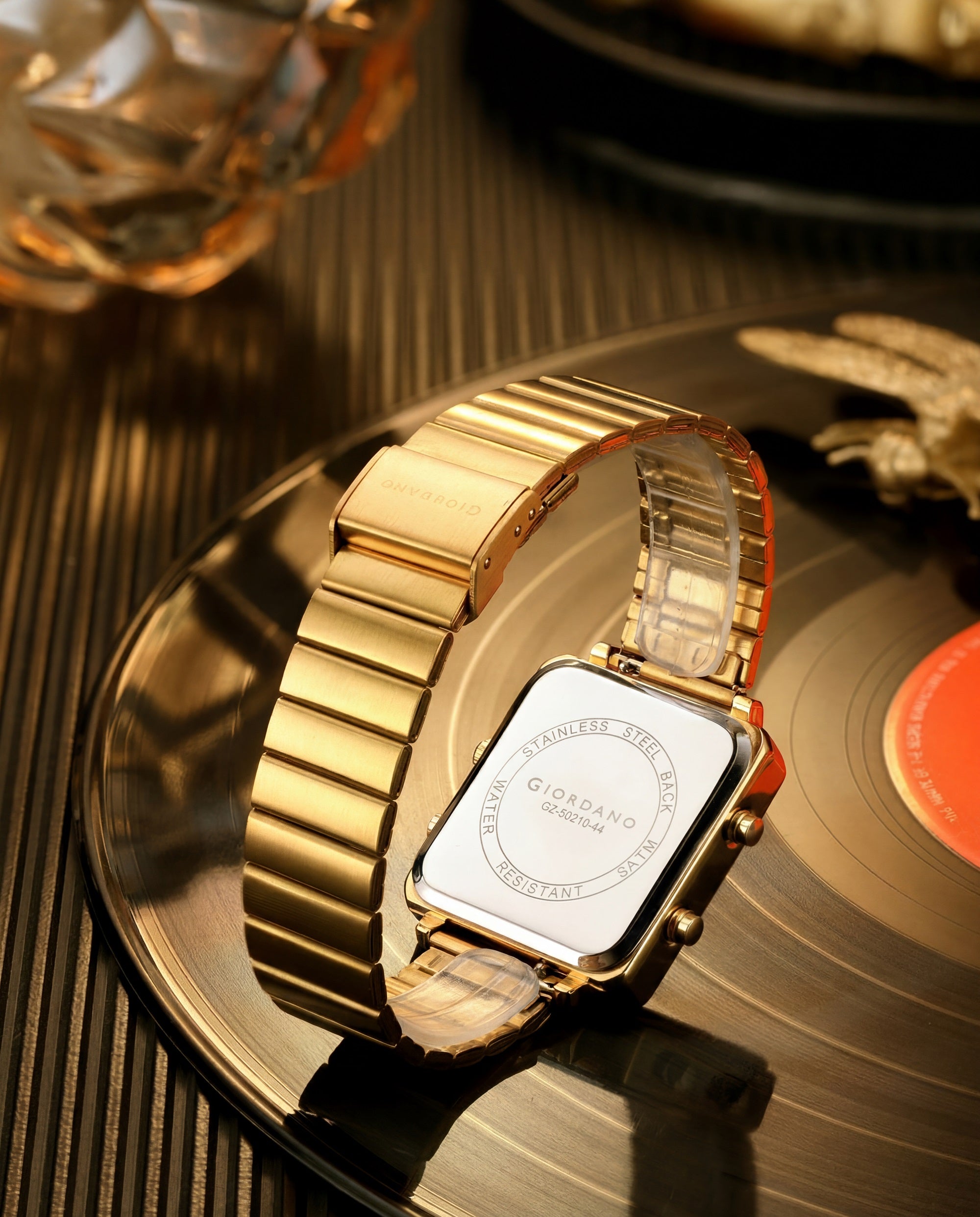 Giordano Analog Digital Watch for Men with Square Black Dial, Dual Time Display, Gold Stainless Steel Strap - GZ-50210-44