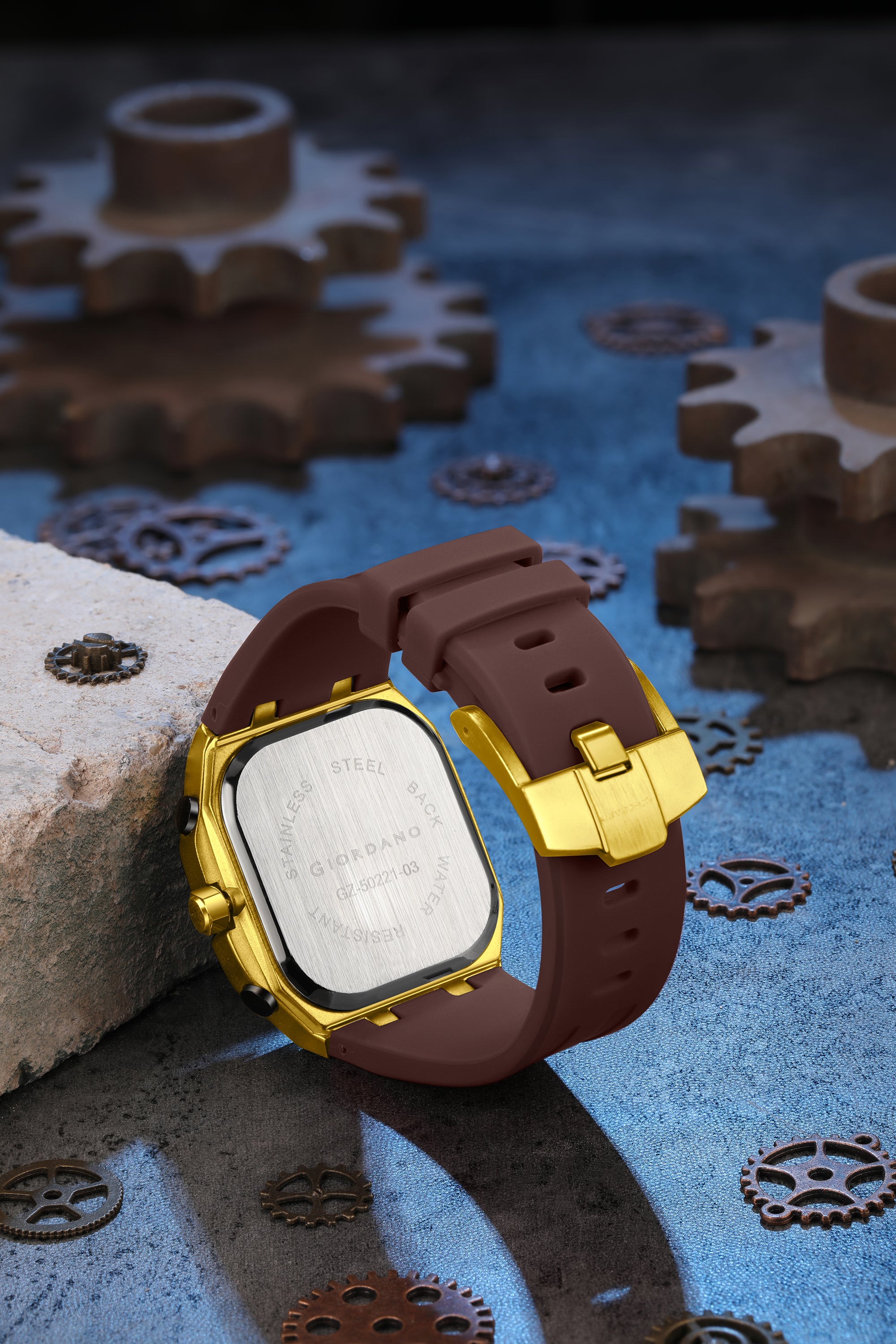 Giordano Skeleton Dial Analog Watch for Men – Gold Tone Case, Brown Silicone Strap, Date Display & Transparent Mechanical Design GZ-50221-03