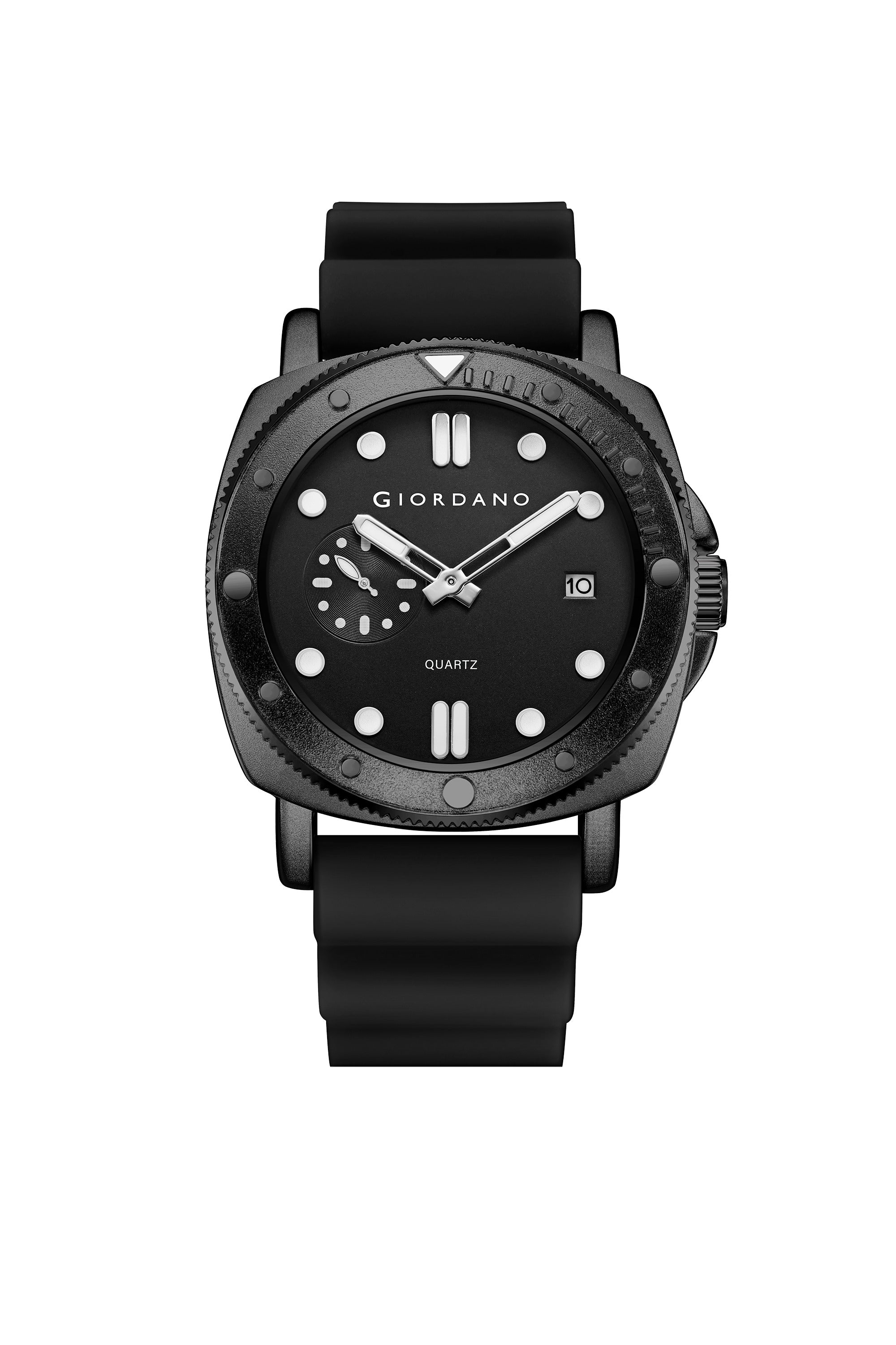 Giordano Analog Quartz Watch for Men with Round Dial, Luminous Hours Markers, Date Display, Small Seconds Sub-Dial and Wavy Pattern Silicone Strap - GZ-50214-01