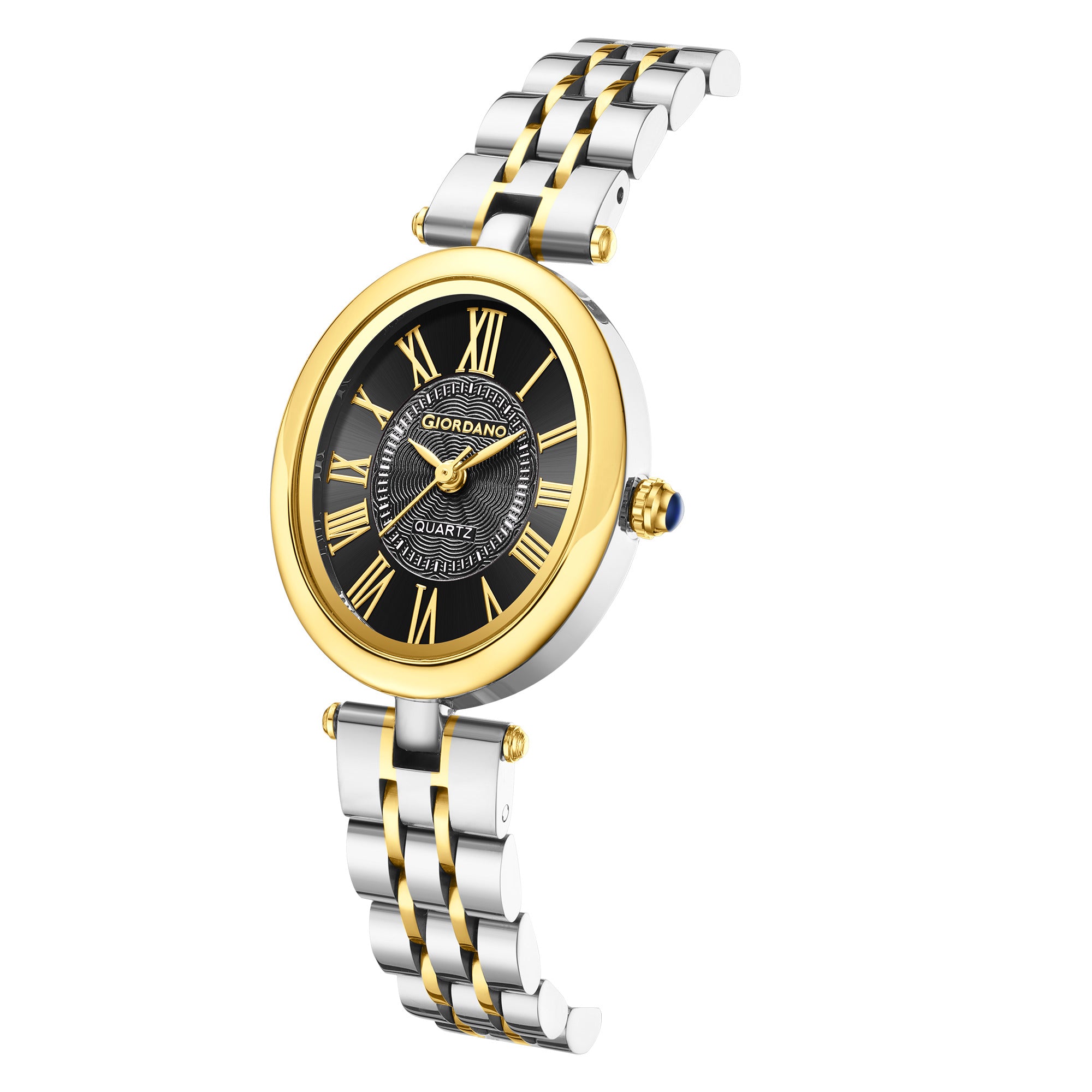 Giordano Analog Quartz Watch for Women with Texured Round Black Dial, Roman Indices, Blue Crown, Silver and Gold Stainless Steel Strap - GZ-60156-11
