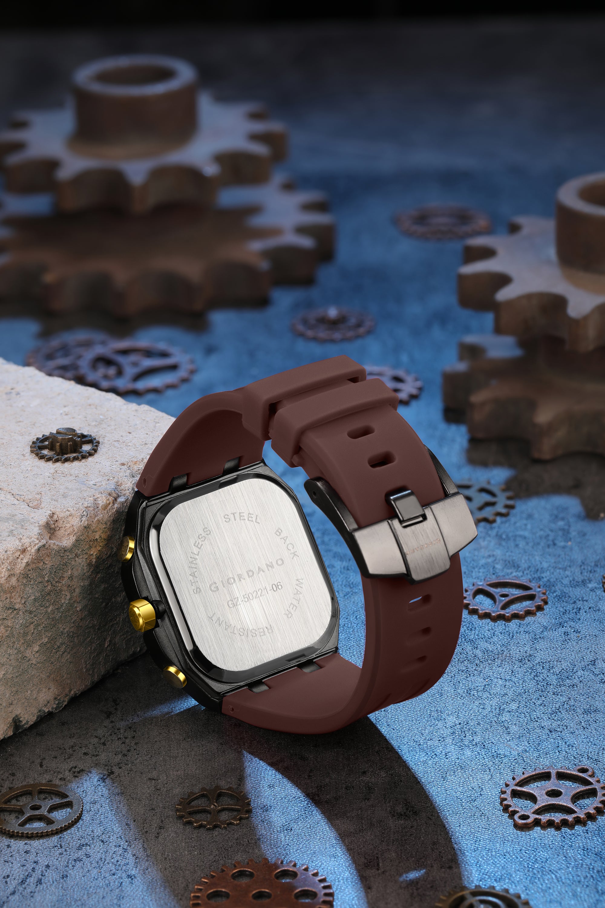 Giordano Skeleton Dial Analog Watch for Men – Black Tone Case, Brown Silicone Strap, Date Display & Transparent Mechanical Design GZ-50221-06
