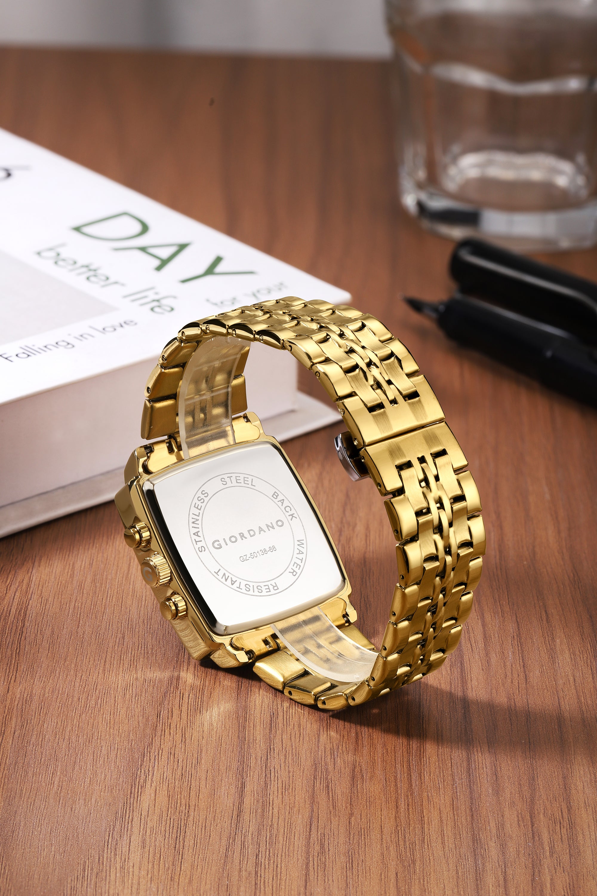 Giordano Multi Function Watch For Men With Square Green Dial, Gold Stainless Steel Strap And Date Display GZ-50138-66